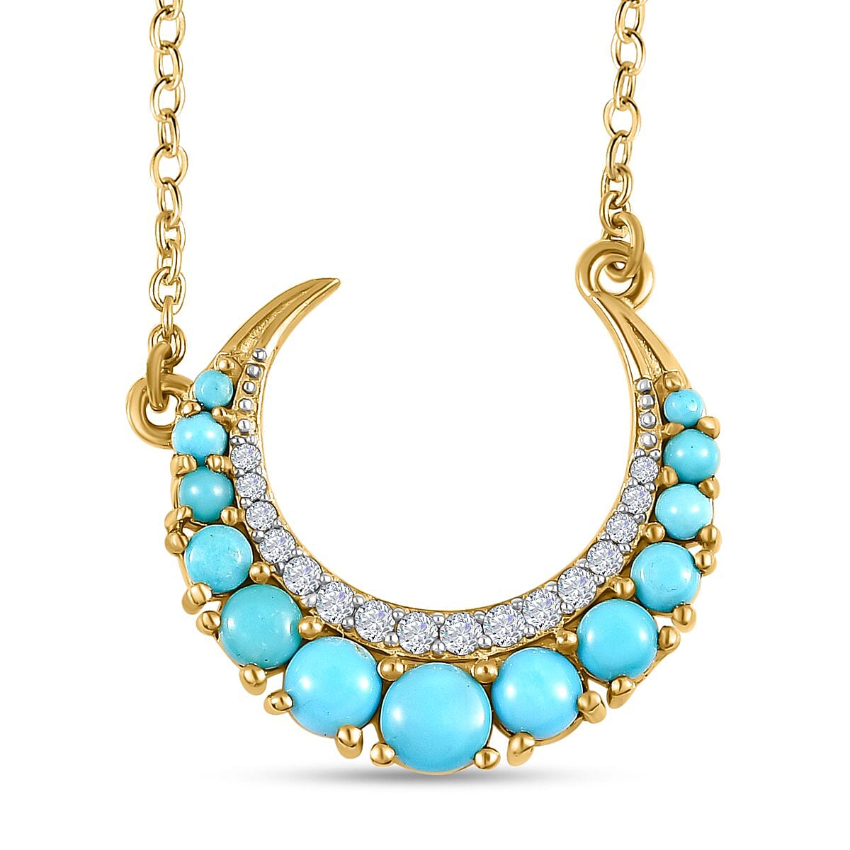 Arizona Sleeping Beauty Turquoise and Natural Zircon Moon Necklace (Size 20) in 18K Vermeil Yellow Gold Plated Sterling Silver 1.32 Ct.