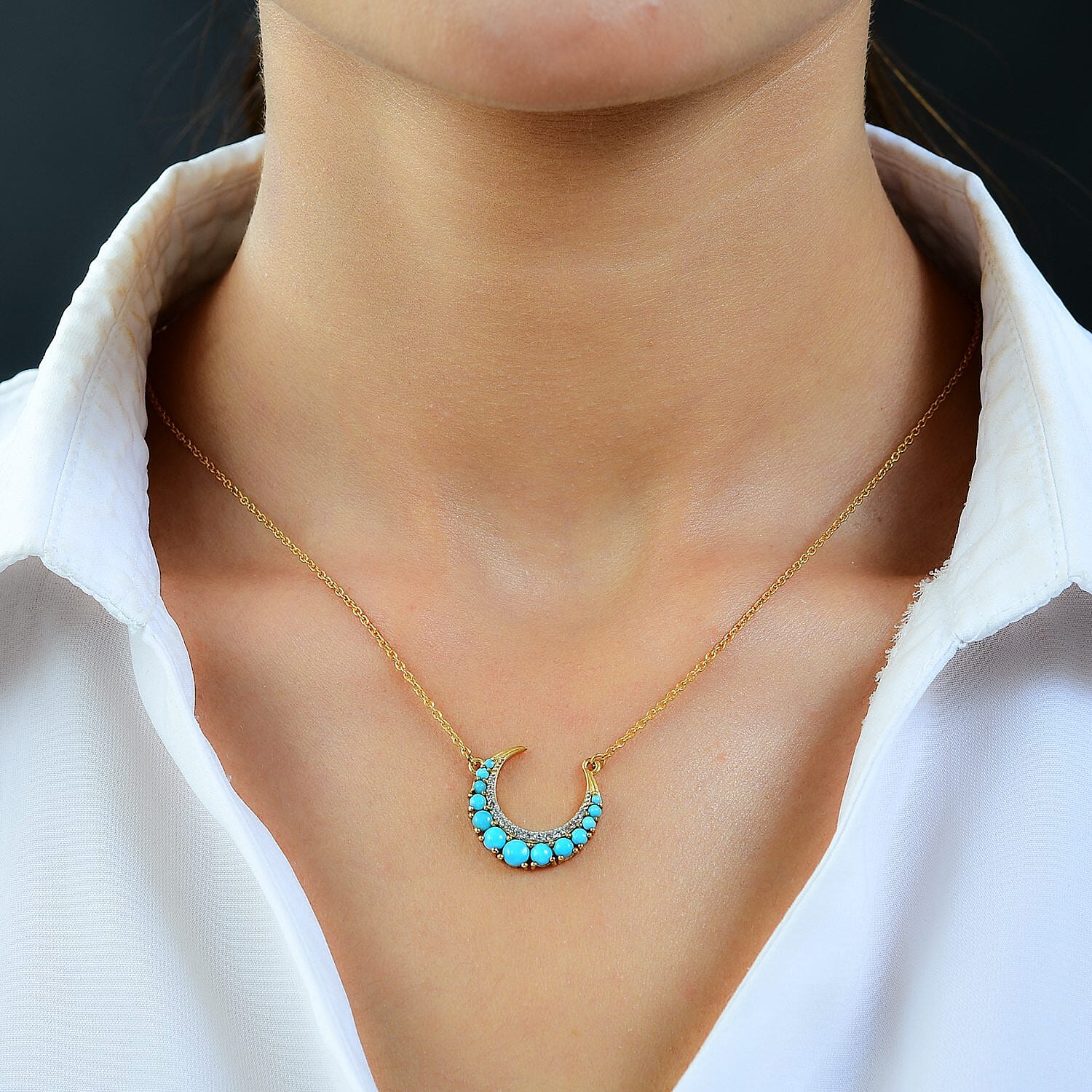 Arizona Sleeping Beauty Turquoise and Natural Zircon Moon Necklace (Size 20) in 18K Vermeil Yellow Gold Plated Sterling Silver 1.32 Ct.