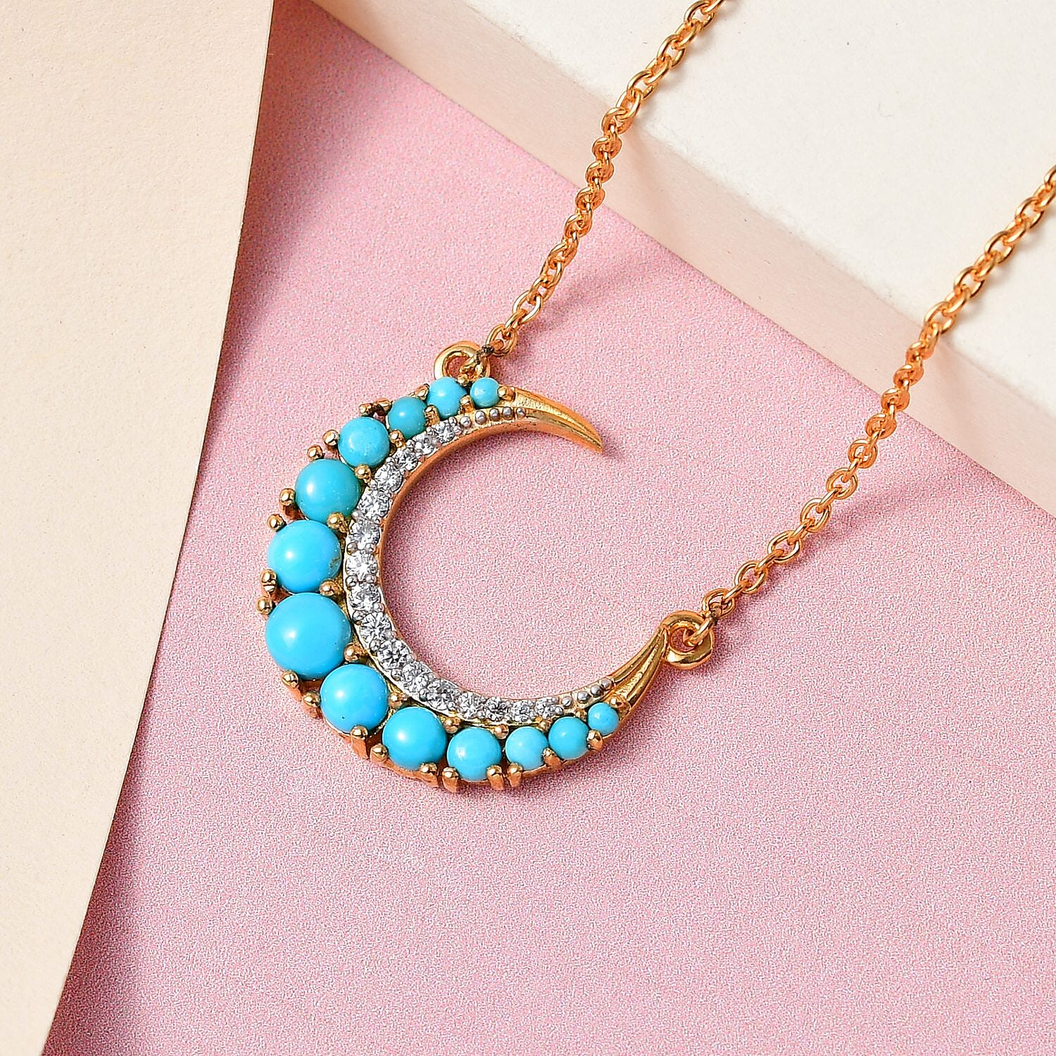 Arizona Sleeping Beauty Turquoise and Natural Zircon Moon Necklace (Size 20) in 18K Vermeil Yellow Gold Plated Sterling Silver 1.32 Ct.