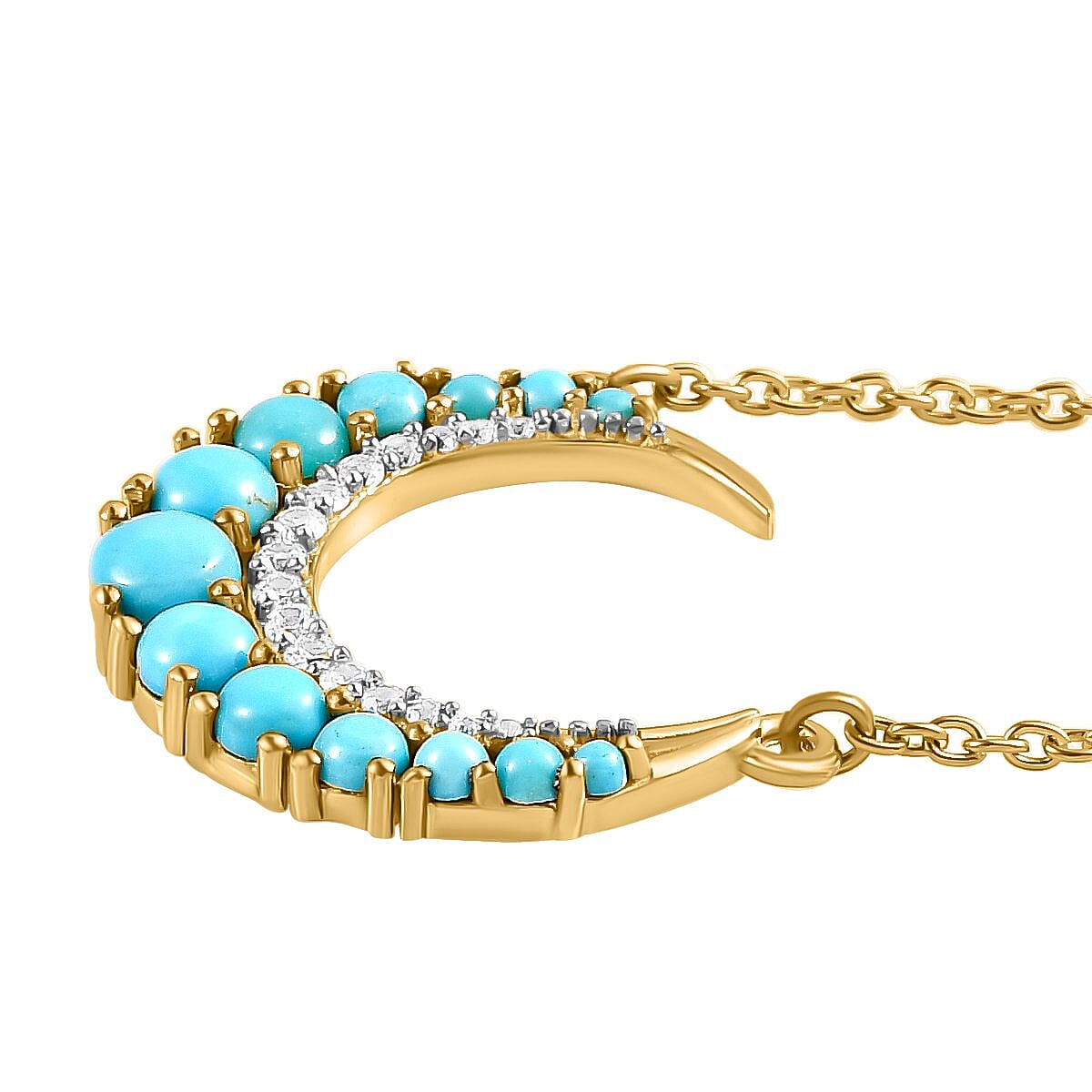 Arizona Sleeping Beauty Turquoise and Natural Zircon Moon Necklace (Size 20) in 18K Vermeil Yellow Gold Plated Sterling Silver 1.32 Ct.