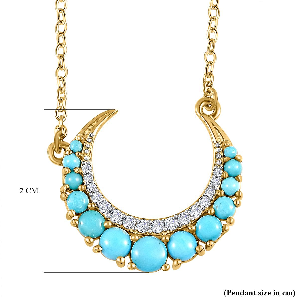 Arizona Sleeping Beauty Turquoise and Natural Zircon Moon Necklace (Size 20) in 18K Vermeil Yellow Gold Plated Sterling Silver 1.32 Ct.