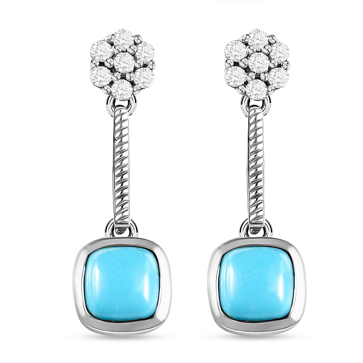 Arizona Sleeping Beauty Turquoise and Natural Cambodian Zircon Dangling Earrings (With Push Back) in Platinum Overlay Sterling Silver 1.97 Ct.