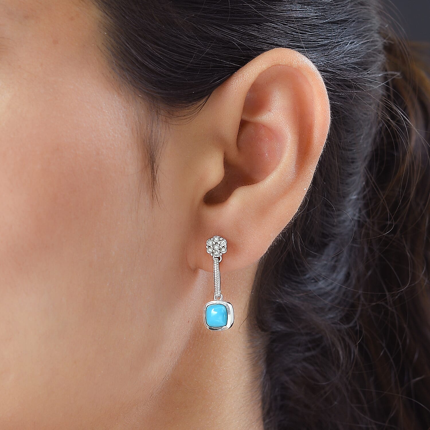 Arizona Sleeping Beauty Turquoise and Natural Cambodian Zircon Dangling Earrings (With Push Back) in Platinum Overlay Sterling Silver 1.97 Ct.