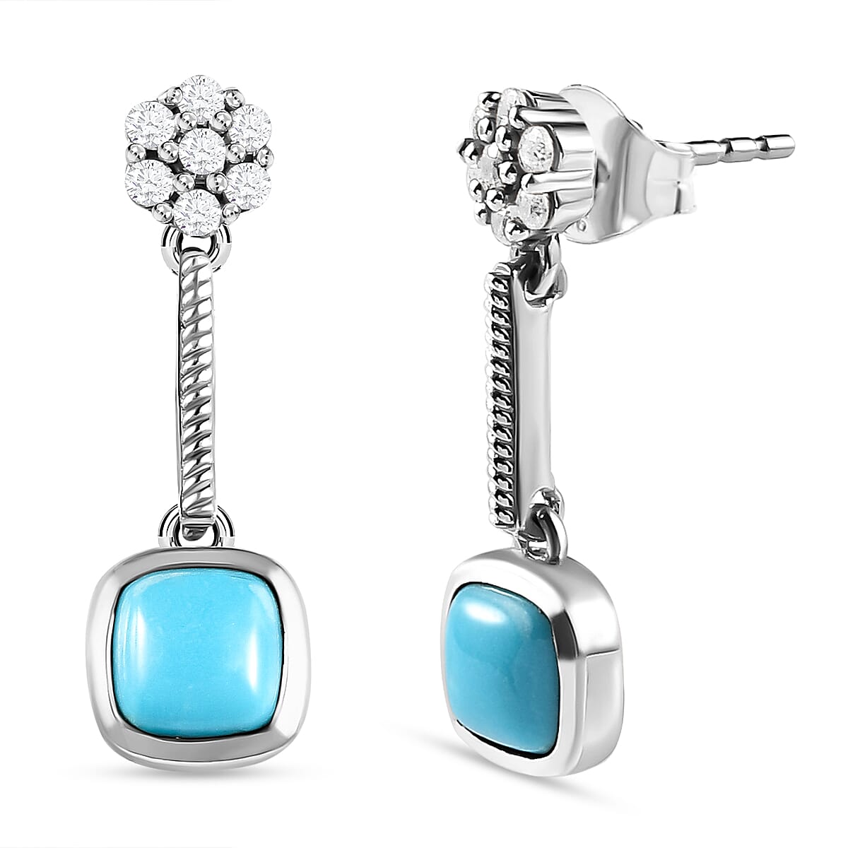 Arizona Sleeping Beauty Turquoise and Natural Cambodian Zircon Dangling Earrings (With Push Back) in Platinum Overlay Sterling Silver 1.97 Ct.