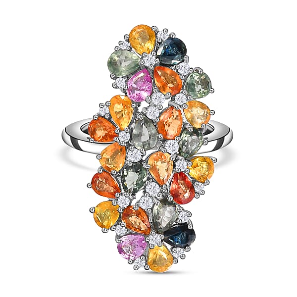 Rainbow Sapphire and Natural Zircon Cluster Ring in Platinum Overlay ...