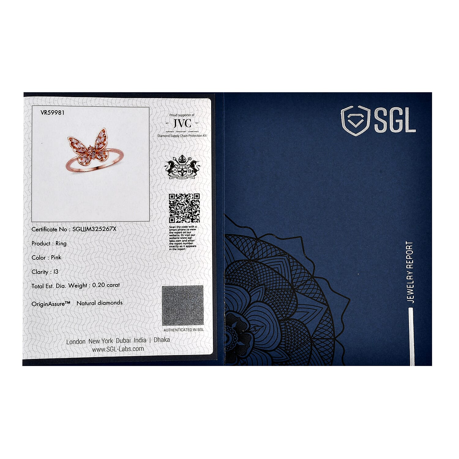 9K Rose Gold SGL Certified Pink Diamond Butterfly Ring 0.20 Ct.