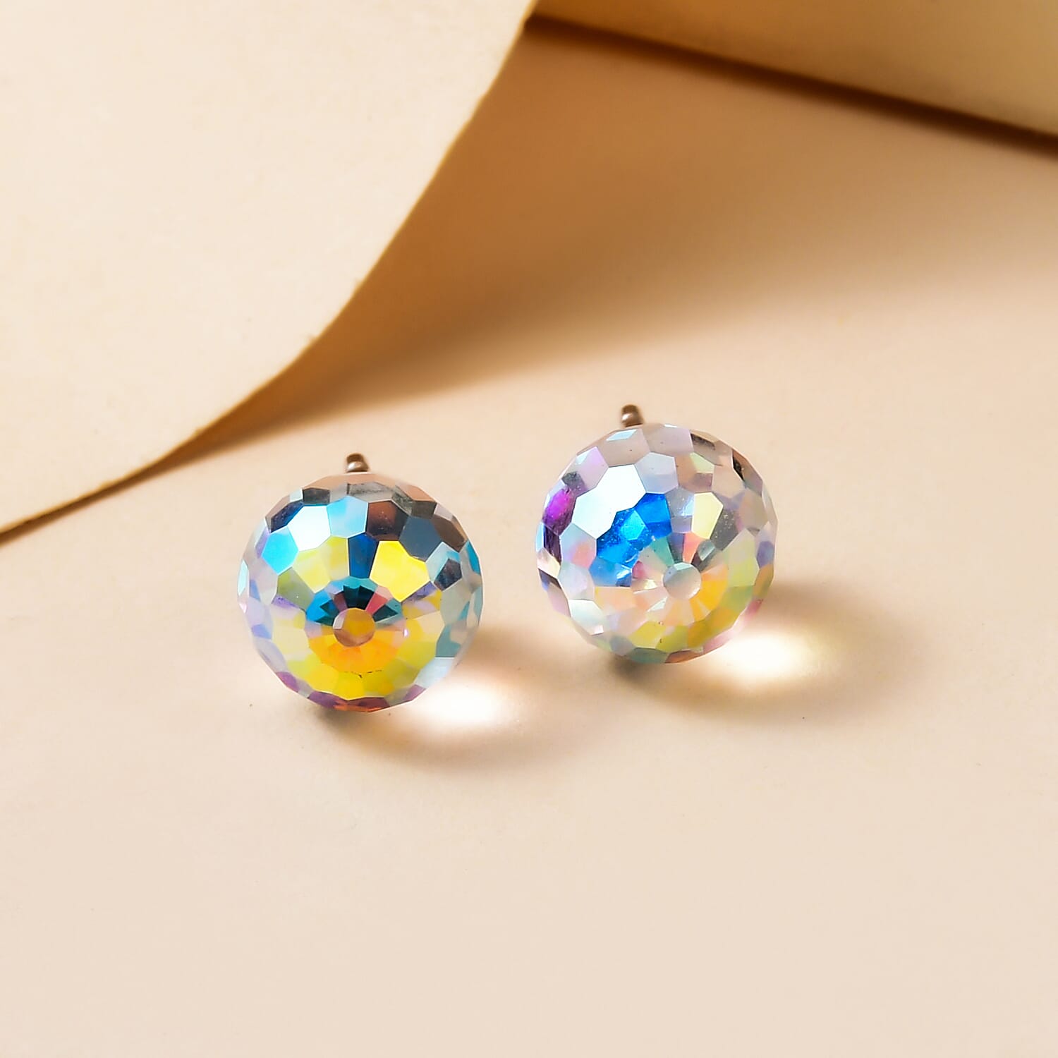 AB Austrian Crystal Ball Stud Earrings (with Push Back) in Platinum Overlay Sterling Silver