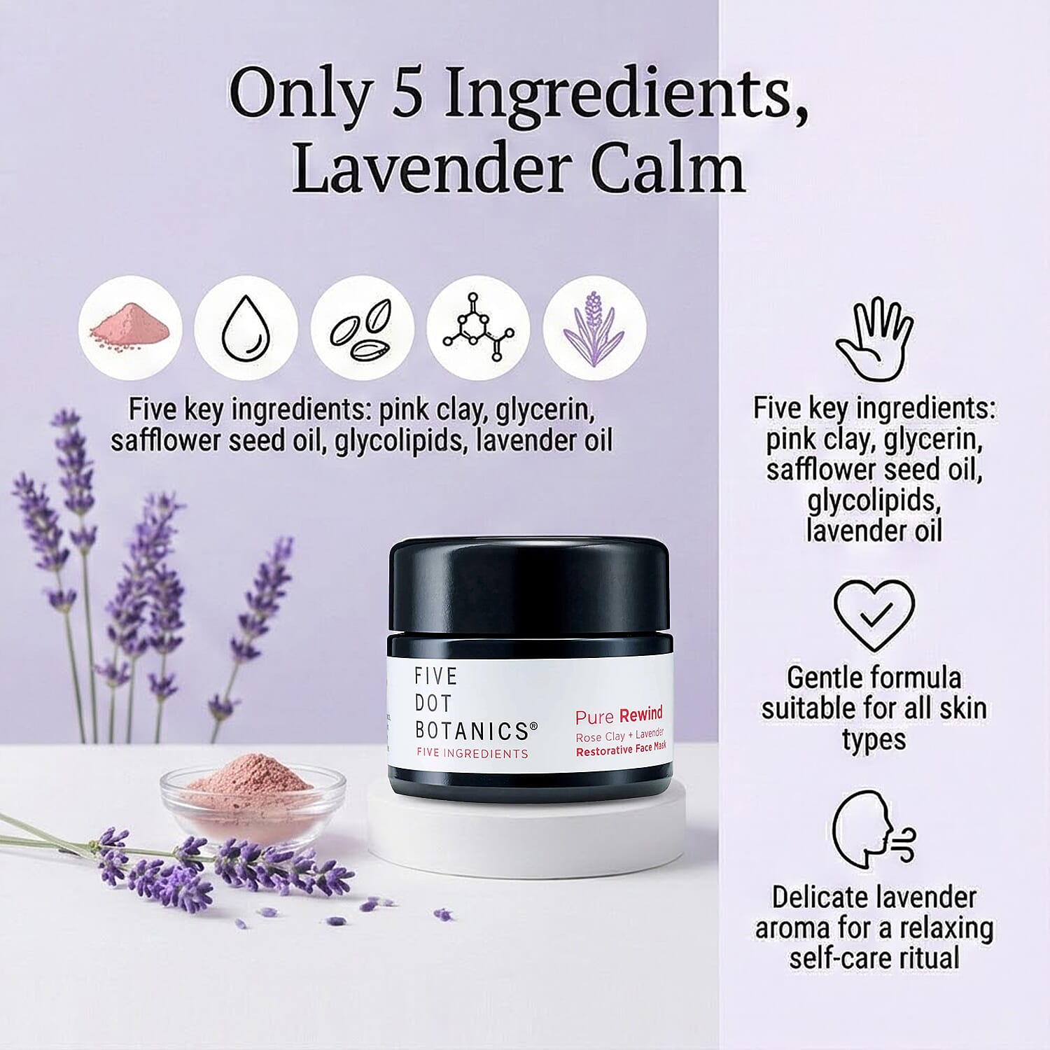 Five Dot Botanics- Pure Rewind Rose Clay - Lavender Restorative Mask 30ml