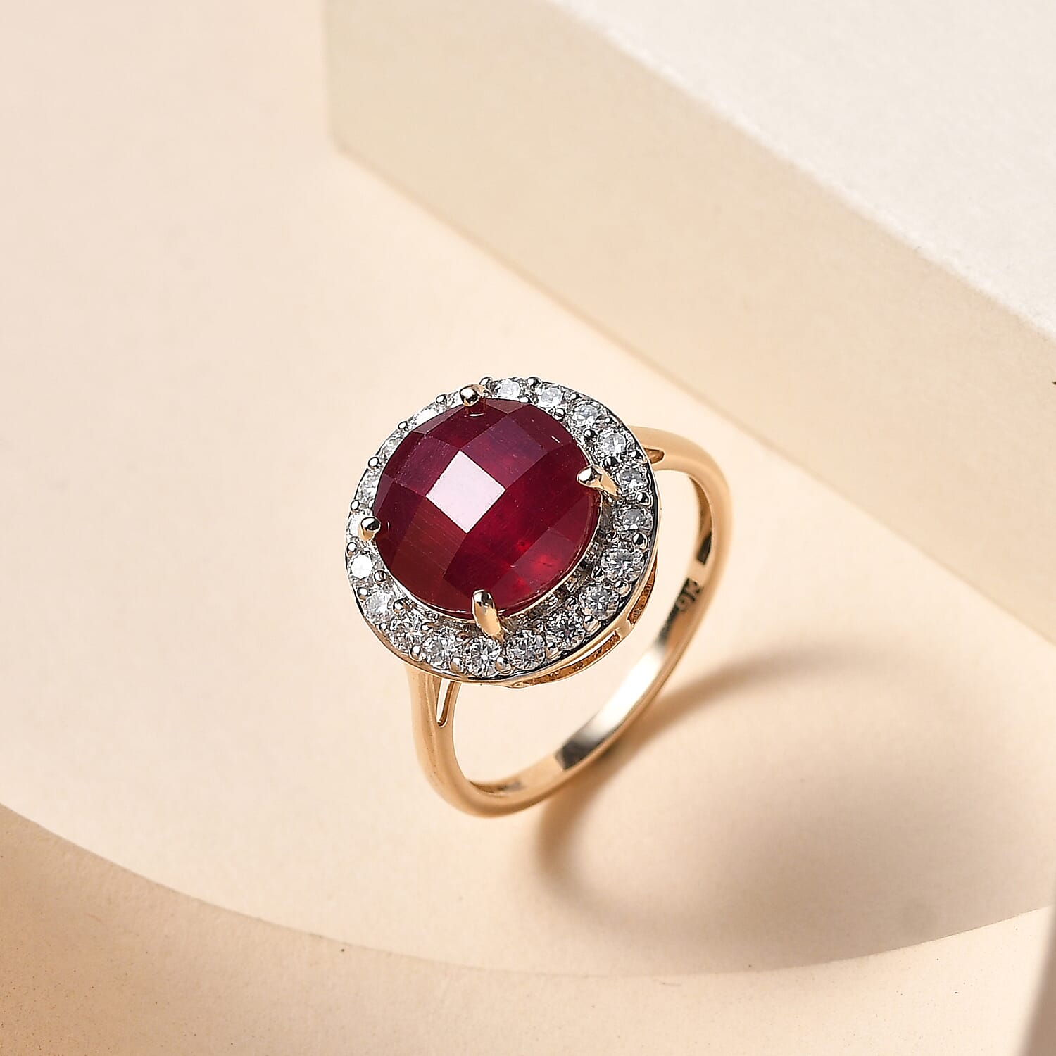 9K Yellow Gold AA African Ruby (FF) and Moissanite Ring 6.10 Ct.