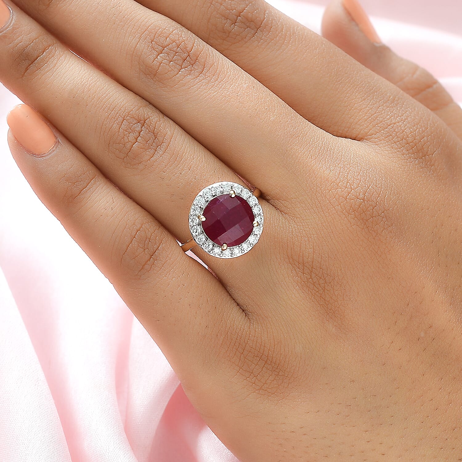 9K Yellow Gold AA African Ruby (FF) and Moissanite Ring 6.10 Ct.