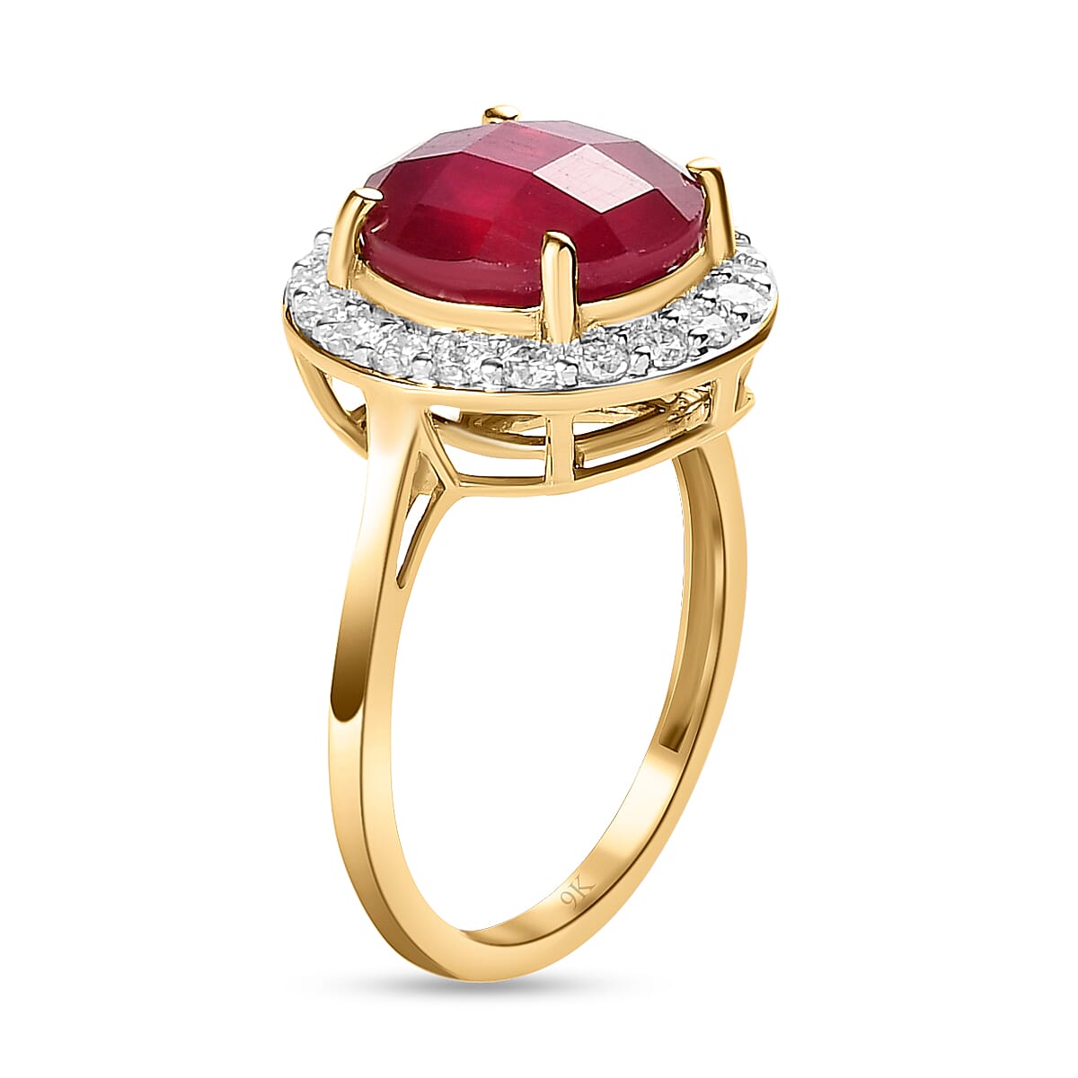 9K Yellow Gold AA African Ruby (FF) and Moissanite Ring 6.10 Ct.