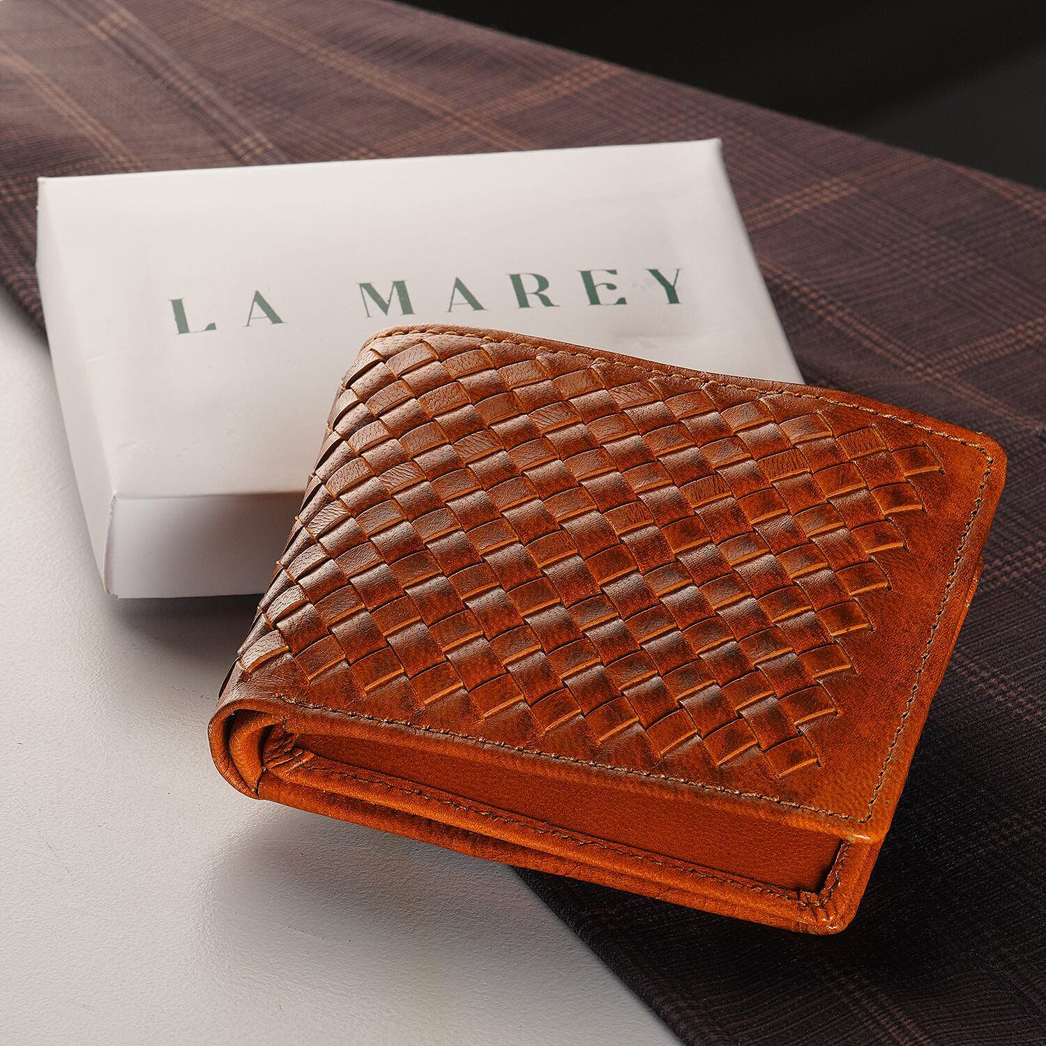 La Marey Hand Woven 100% Genuine Leather Bi-Fold Wallet with RFID protection - Brown
