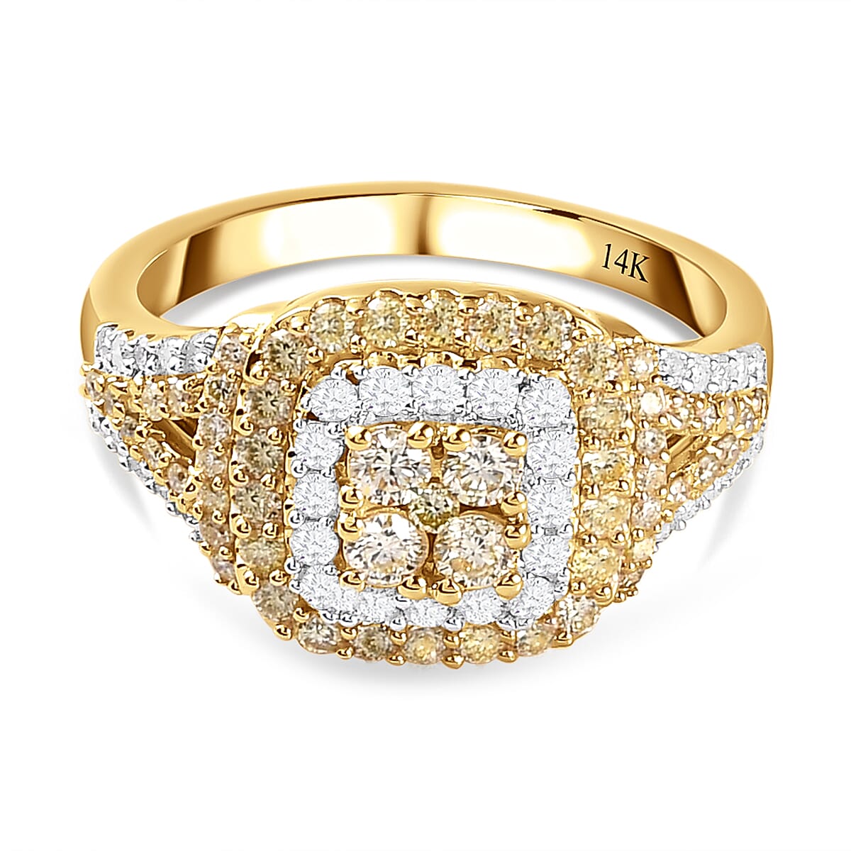 14K Yellow Gold SGL Certified Natural Yellow Diamond (I1-I2) and White Diamond (I3-G-H) Cluster Ring 1.00 Ct.