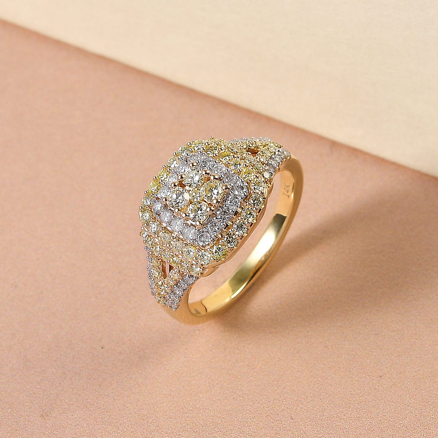 14K Yellow Gold SGL Certified Natural Yellow Diamond (I1-I2) and White Diamond (I3-G-H) Cluster Ring 1.00 Ct.