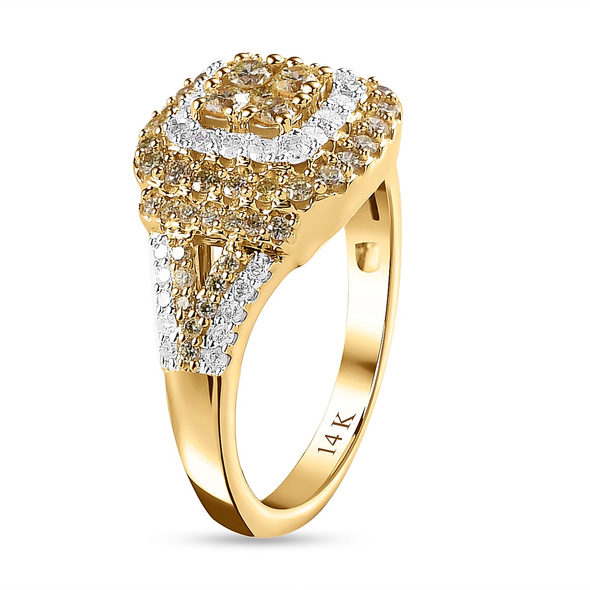 14K Yellow Gold SGL Certified Natural Yellow Diamond (I1-I2) and White Diamond (I3-G-H) Cluster Ring 1.00 Ct.