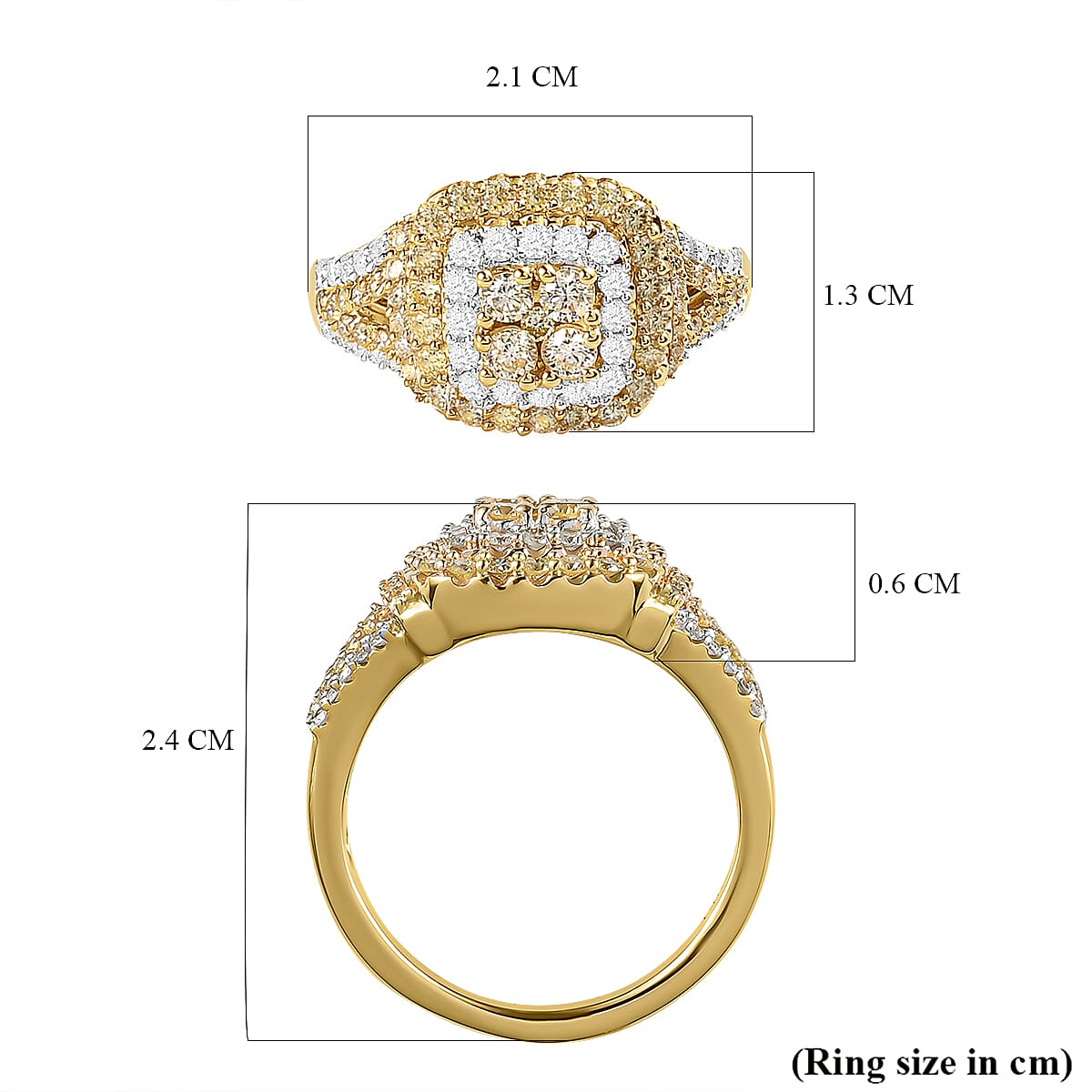 14K Yellow Gold SGL Certified Natural Yellow Diamond (I1-I2) and White Diamond (I3-G-H) Cluster Ring 1.00 Ct.