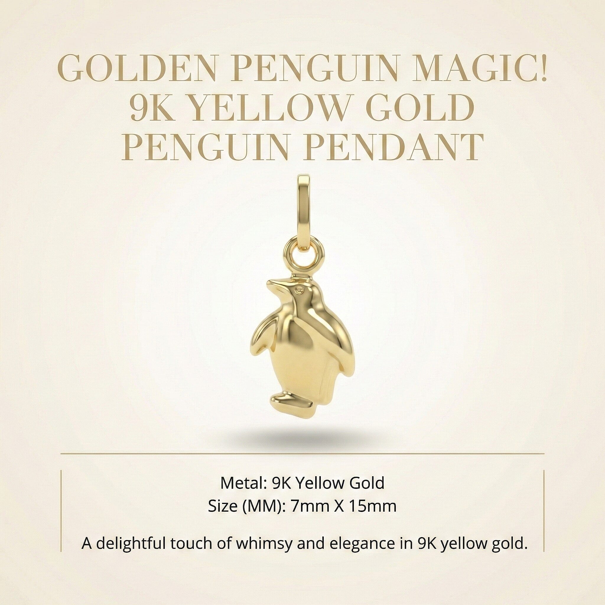 9K Yellow Gold 7mm X 15mm 'Penguin' Pendant