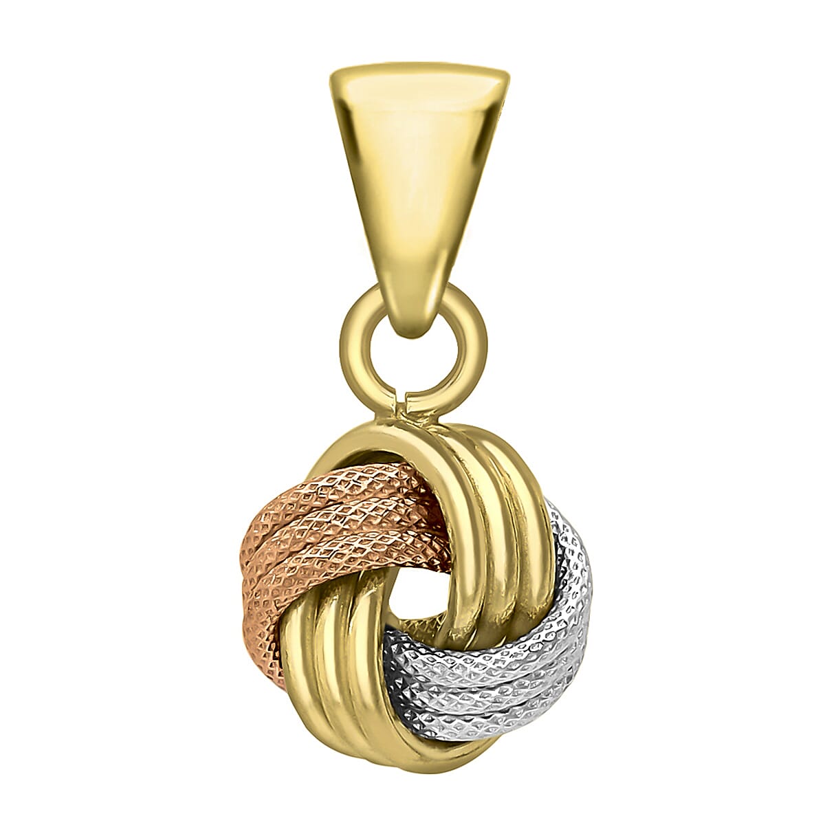 9K Three Colour Gold 9mm X 18mm Textured And Polished 4 Way Triple Knot Pendant