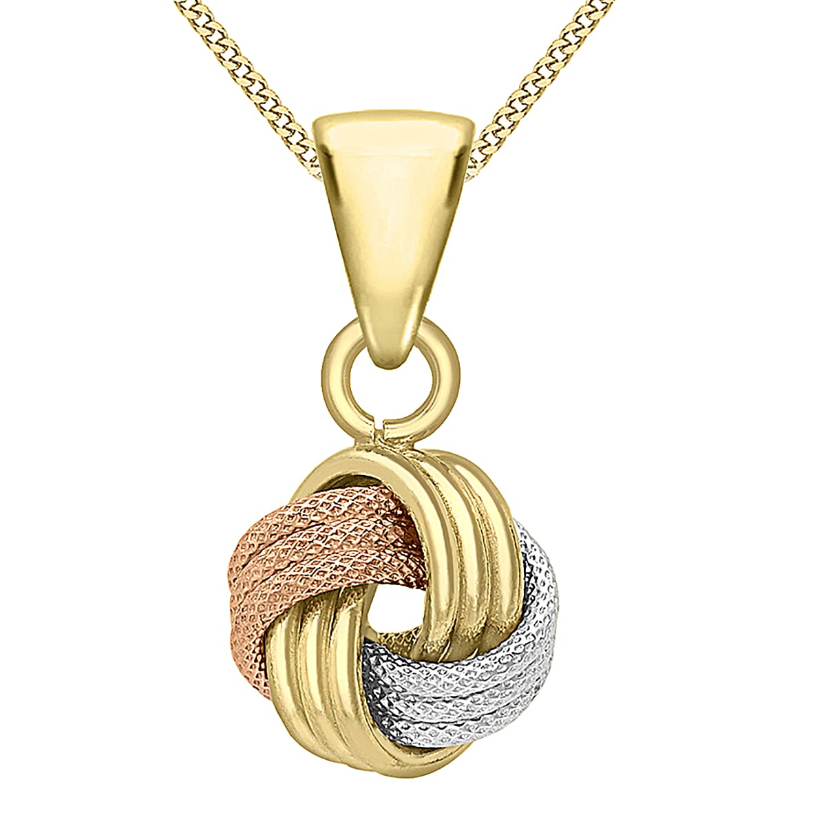 9K Three Colour Gold 9mm X 18mm Textured And Polished 4 Way Triple Knot Pendant