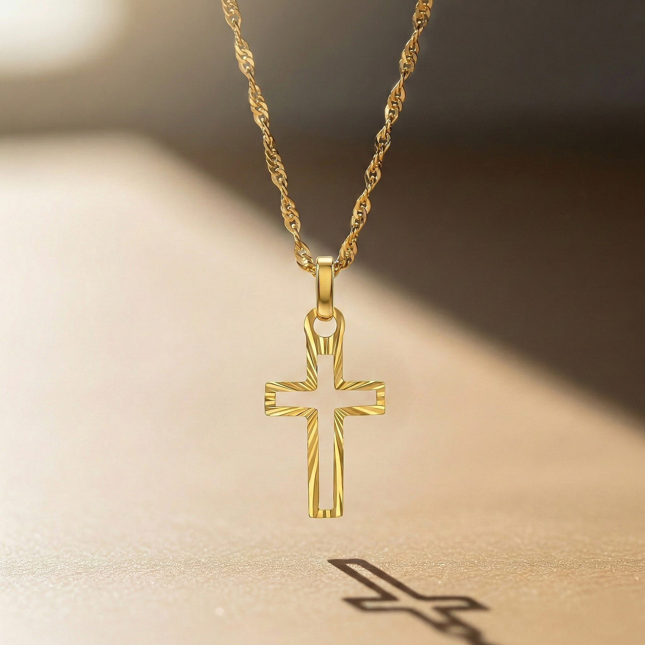 9K Yellow Gold 9mm X 21.5mm Diamond Cut Cutout Cross Pendant
