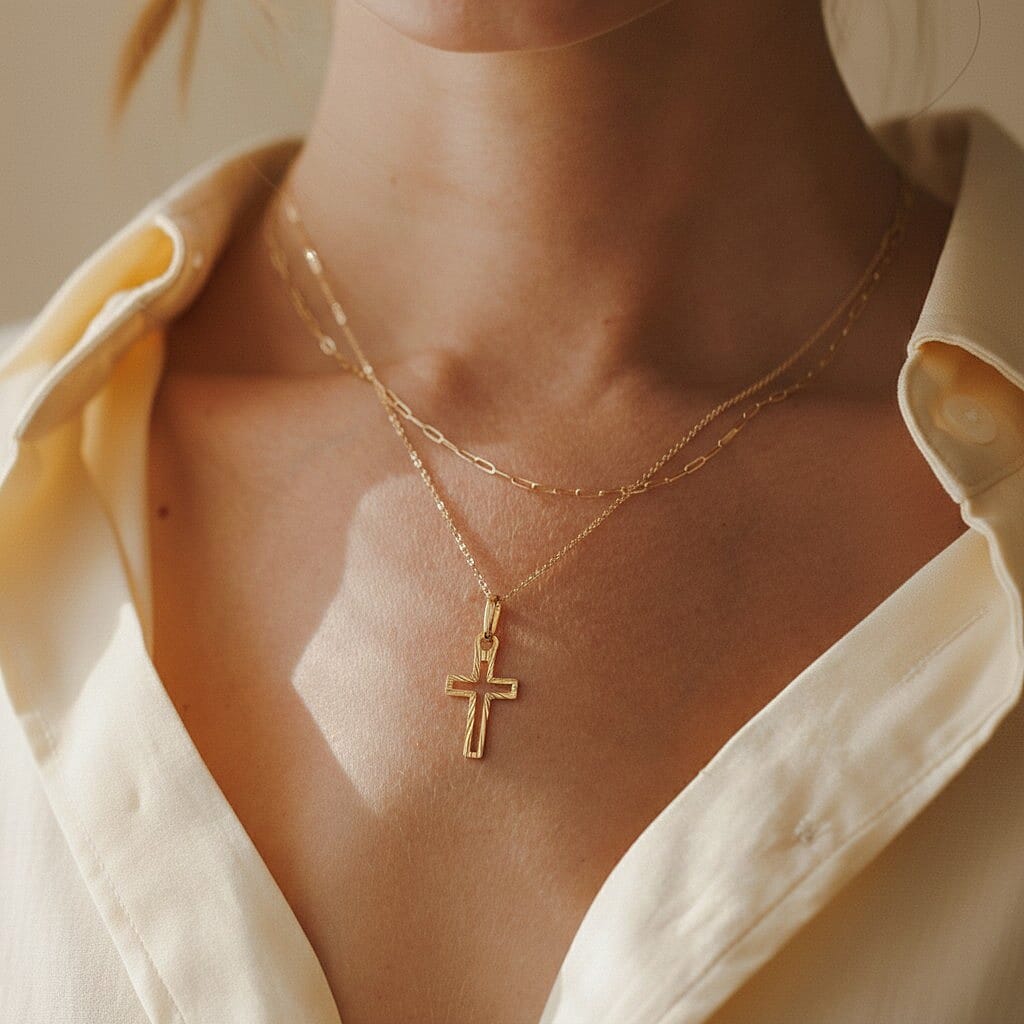 9K Yellow Gold 9mm X 21.5mm Diamond Cut Cutout Cross Pendant