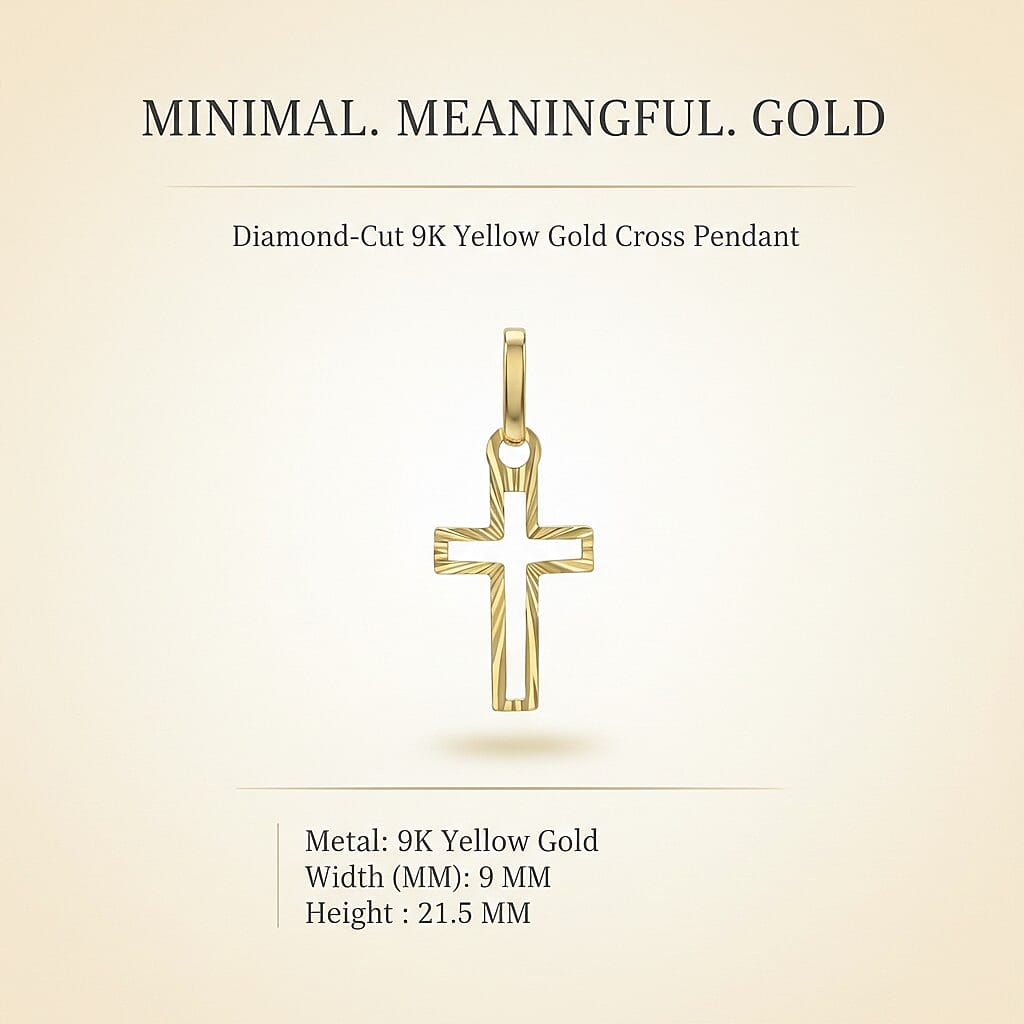 9K Yellow Gold 9mm X 21.5mm Diamond Cut Cutout Cross Pendant