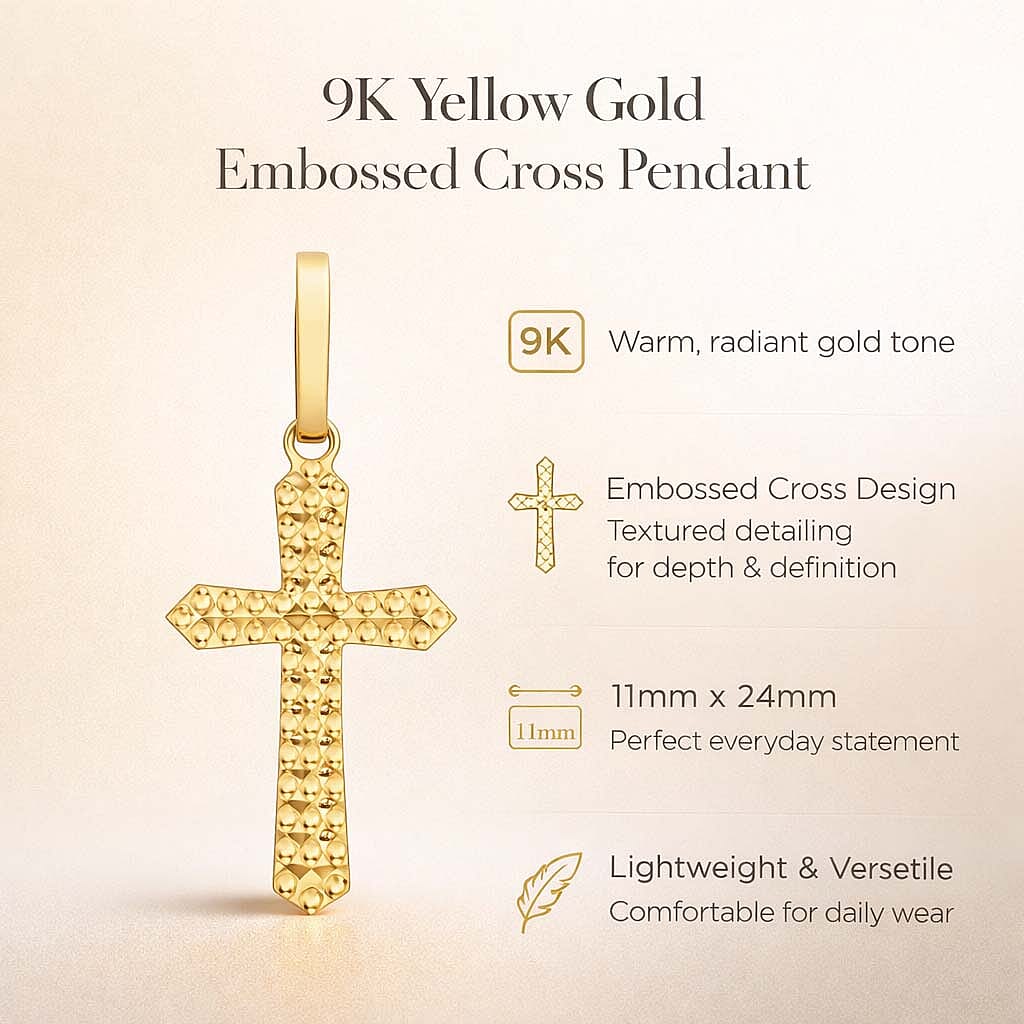 9K Yellow Gold 11mm X 24mm Embossed Cross Pendant