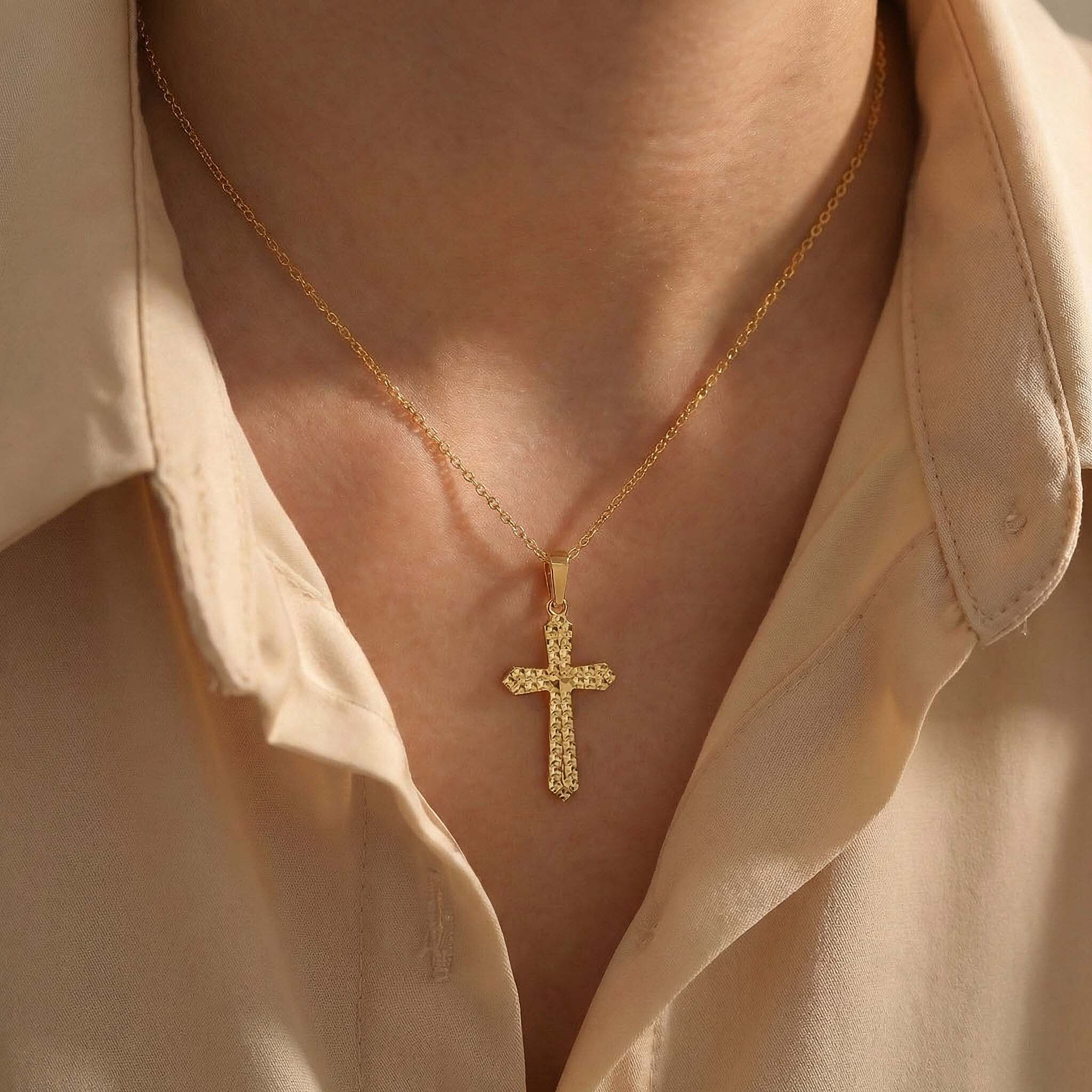 9K Yellow Gold 11mm X 24mm Embossed Cross Pendant