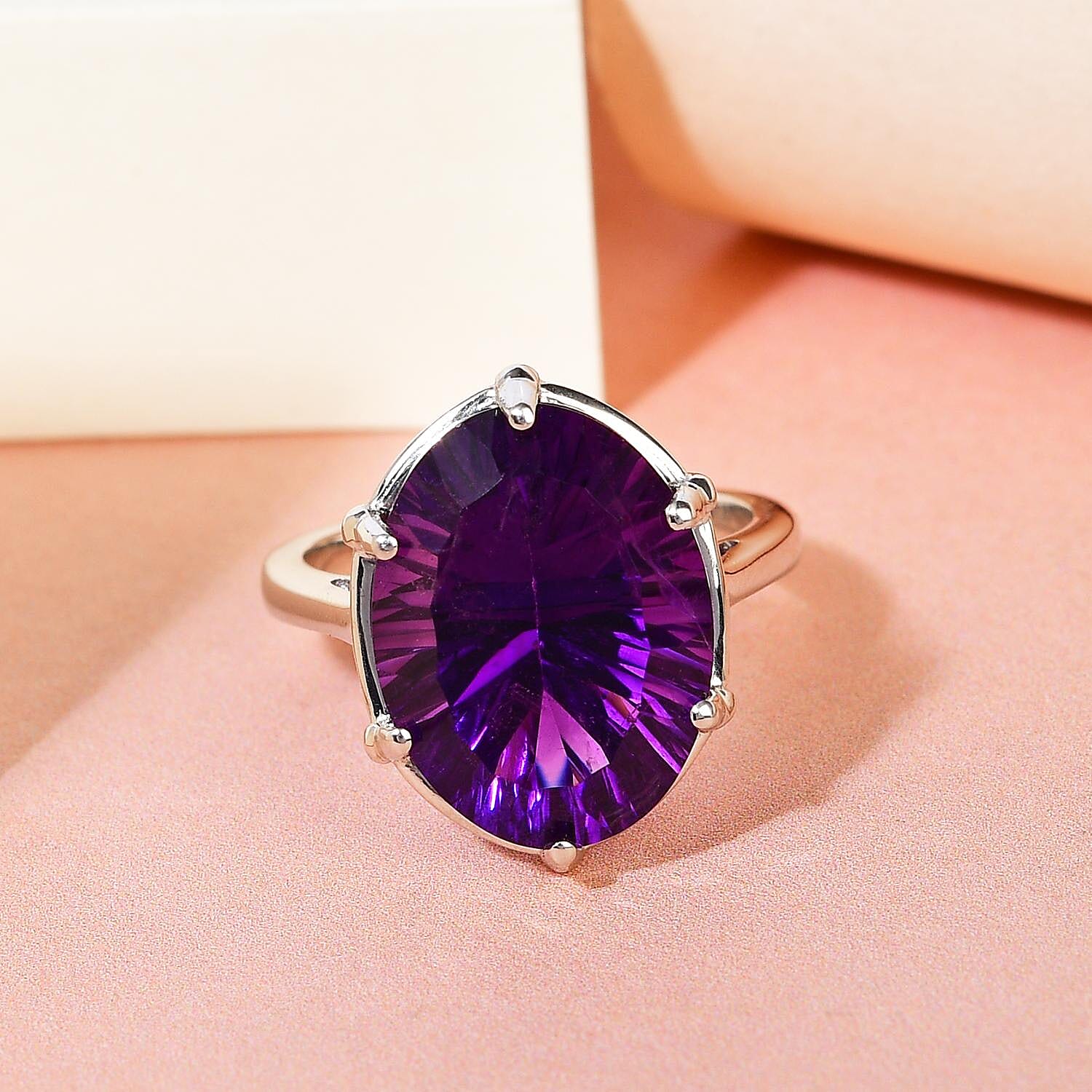 Amethyst (Concave Cut) Solitaire Ring in Platinum Overlay Sterling Silver 8.23 Ct.