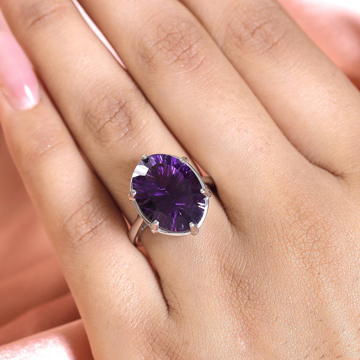 Amethyst (Concave Cut) Solitaire Ring in Platinum Overlay Sterling Silver 8.23 Ct.