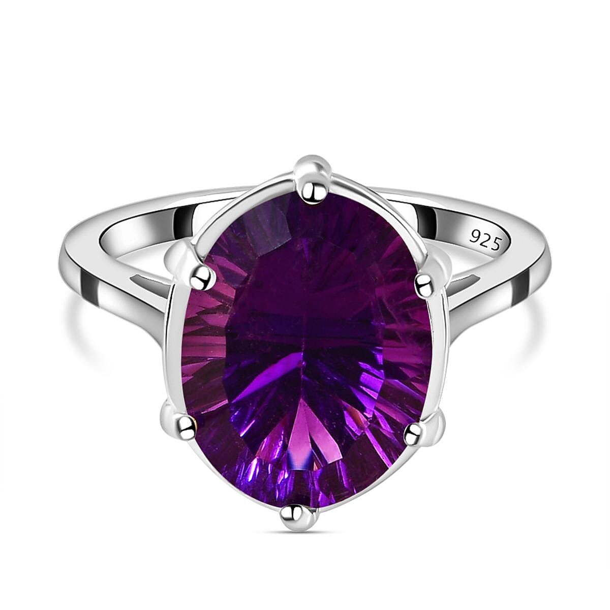 Amethyst (Concave Cut) Solitaire Ring in Platinum Overlay Sterling Silver 8.23 Ct.