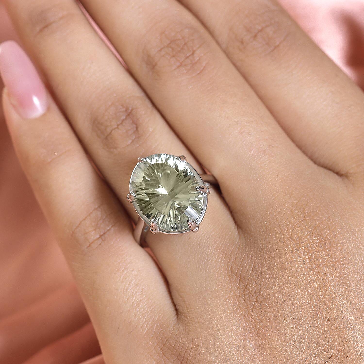 Green Amethyst (Concave Cut) Solitaire Ring in Platinum Overlay Sterling Silver 8.09 Ct.