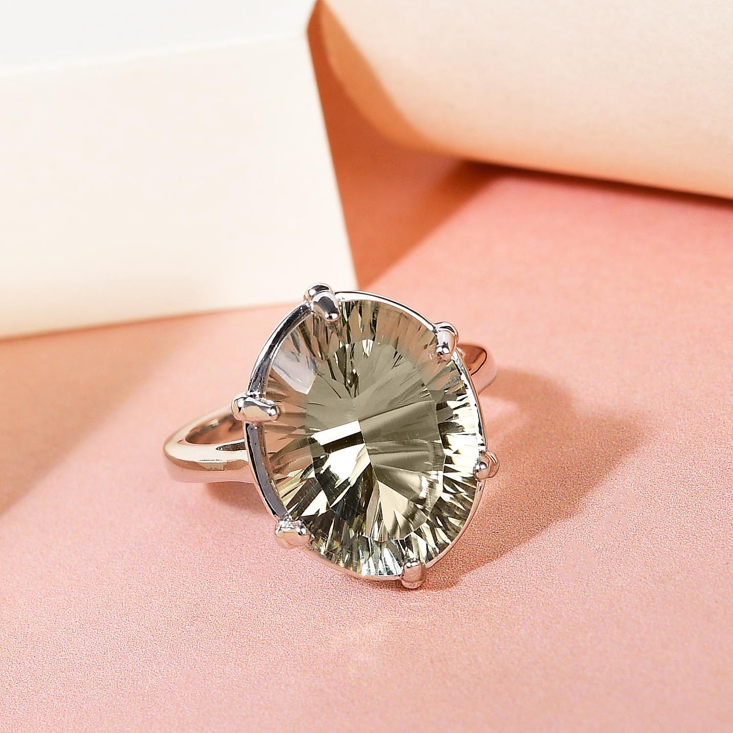 Green Amethyst (Concave Cut) Solitaire Ring in Platinum Overlay Sterling Silver 8.09 Ct.