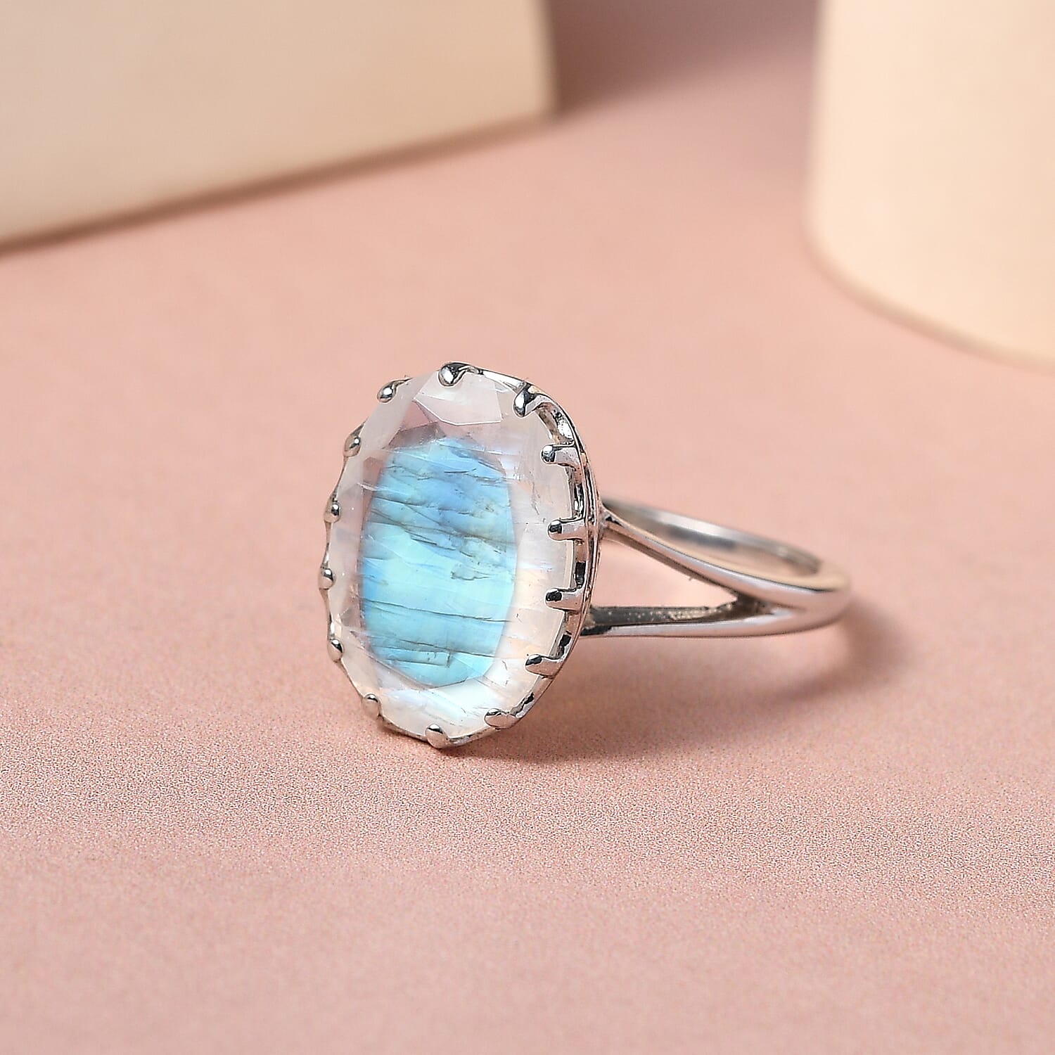 Moon Glow Stone Solitaire Ring in Platinum Overlay Sterling Silver 4.28 Ct.