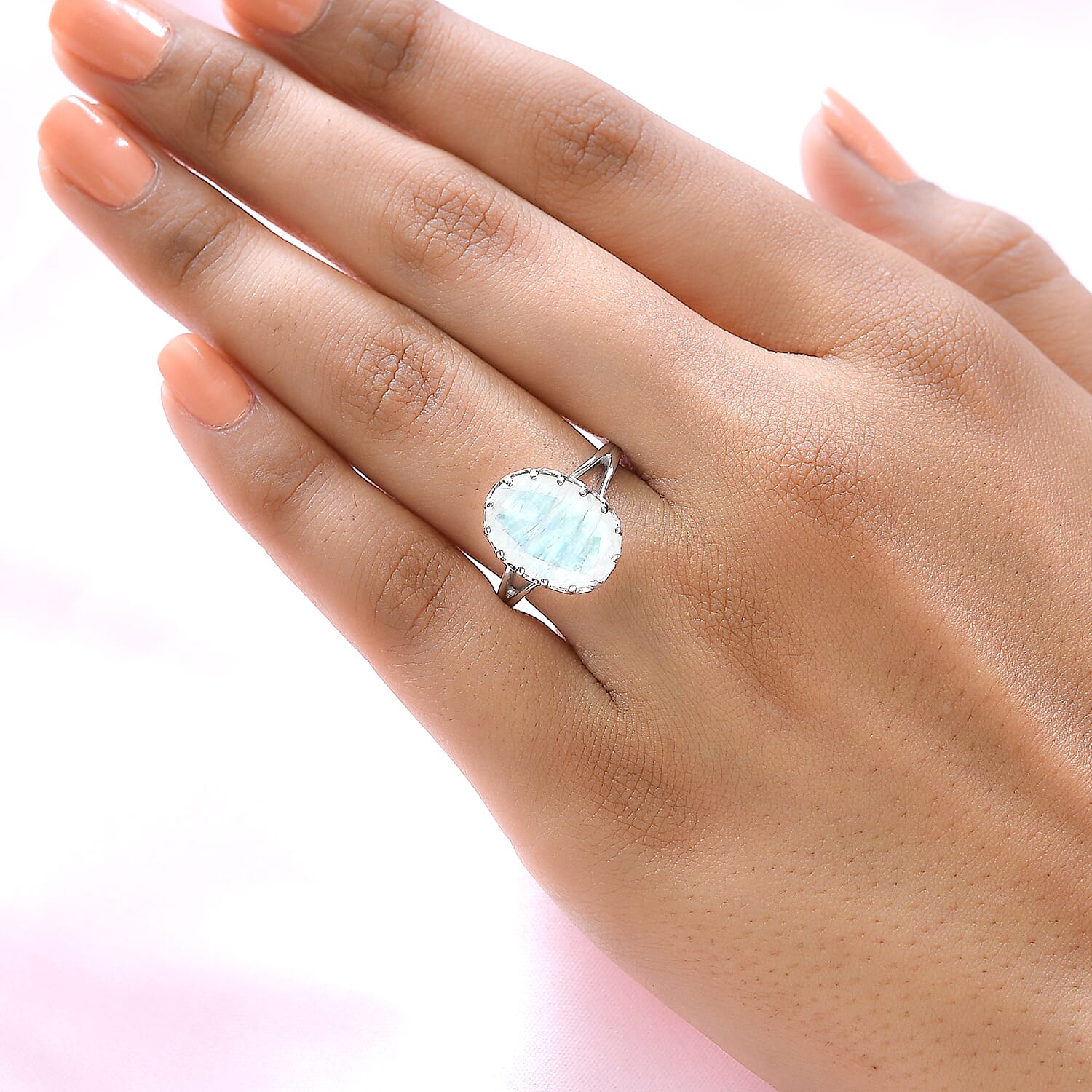 Moon Glow Stone Solitaire Ring in Platinum Overlay Sterling Silver 4.28 Ct.