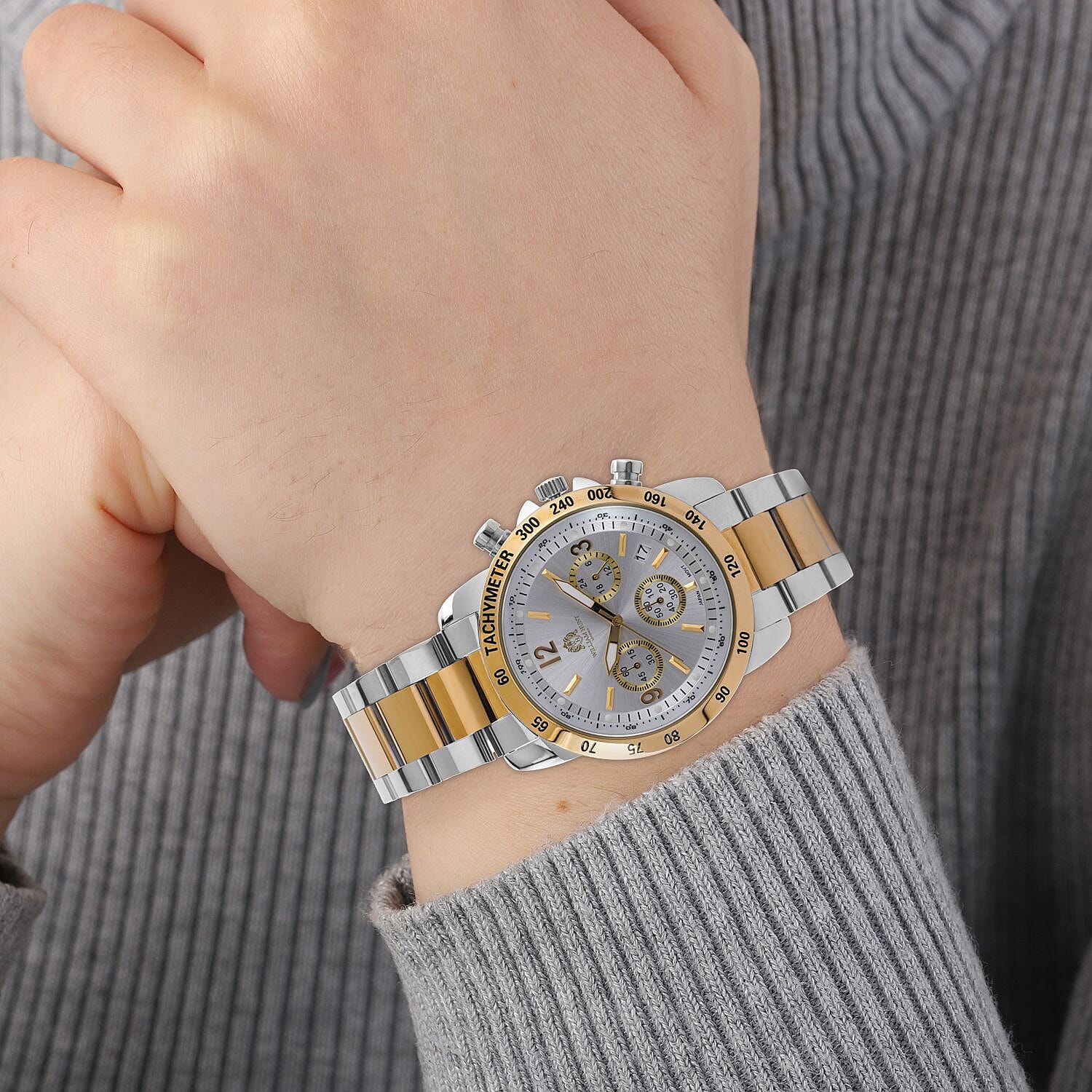 William Hunt Designer Watch with fully functional Chronograph Water Resistant Silver Dial with Luminous Hour Markers and Watch Hands with Two Tone Metallic Strap