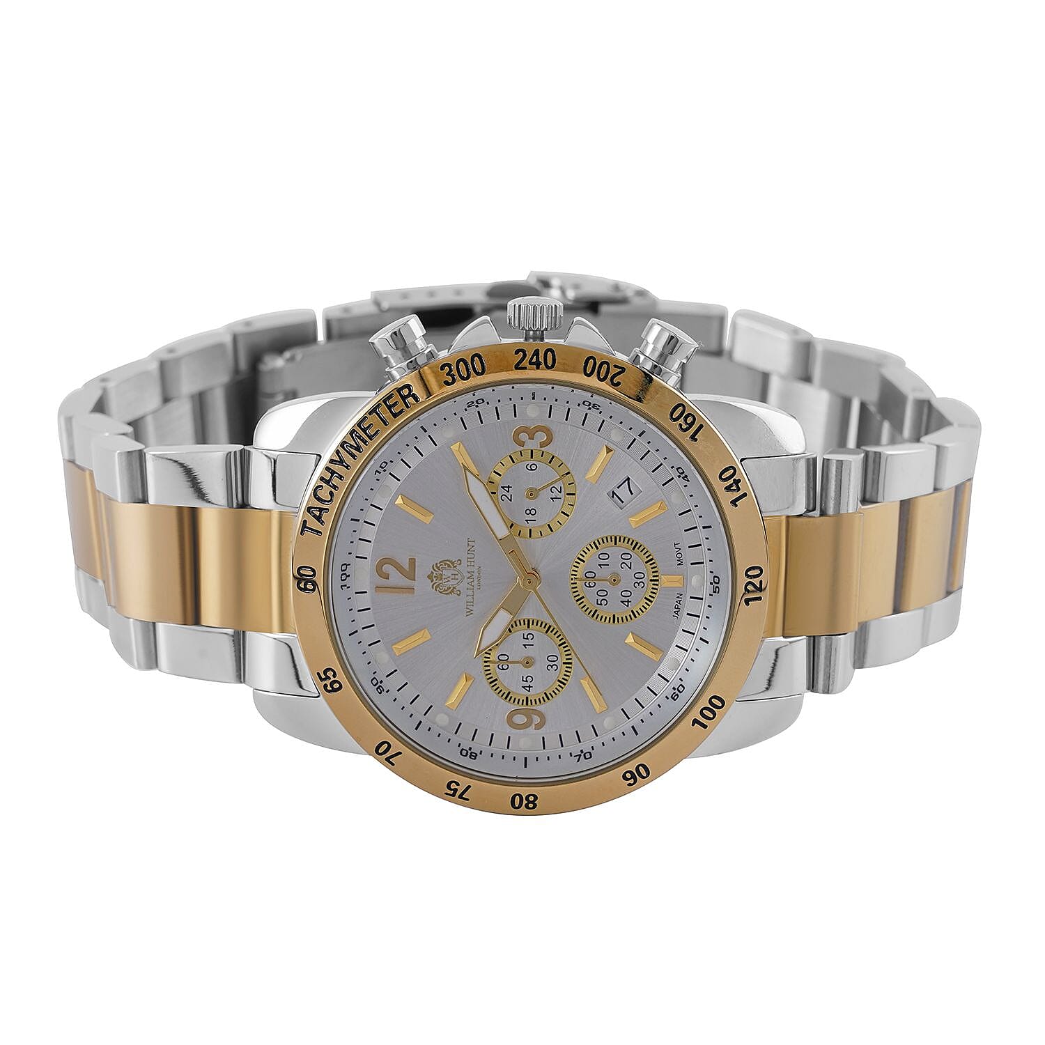William Hunt Designer Watch with fully functional Chronograph Water Resistant Silver Dial with Luminous Hour Markers and Watch Hands with Two Tone Metallic Strap
