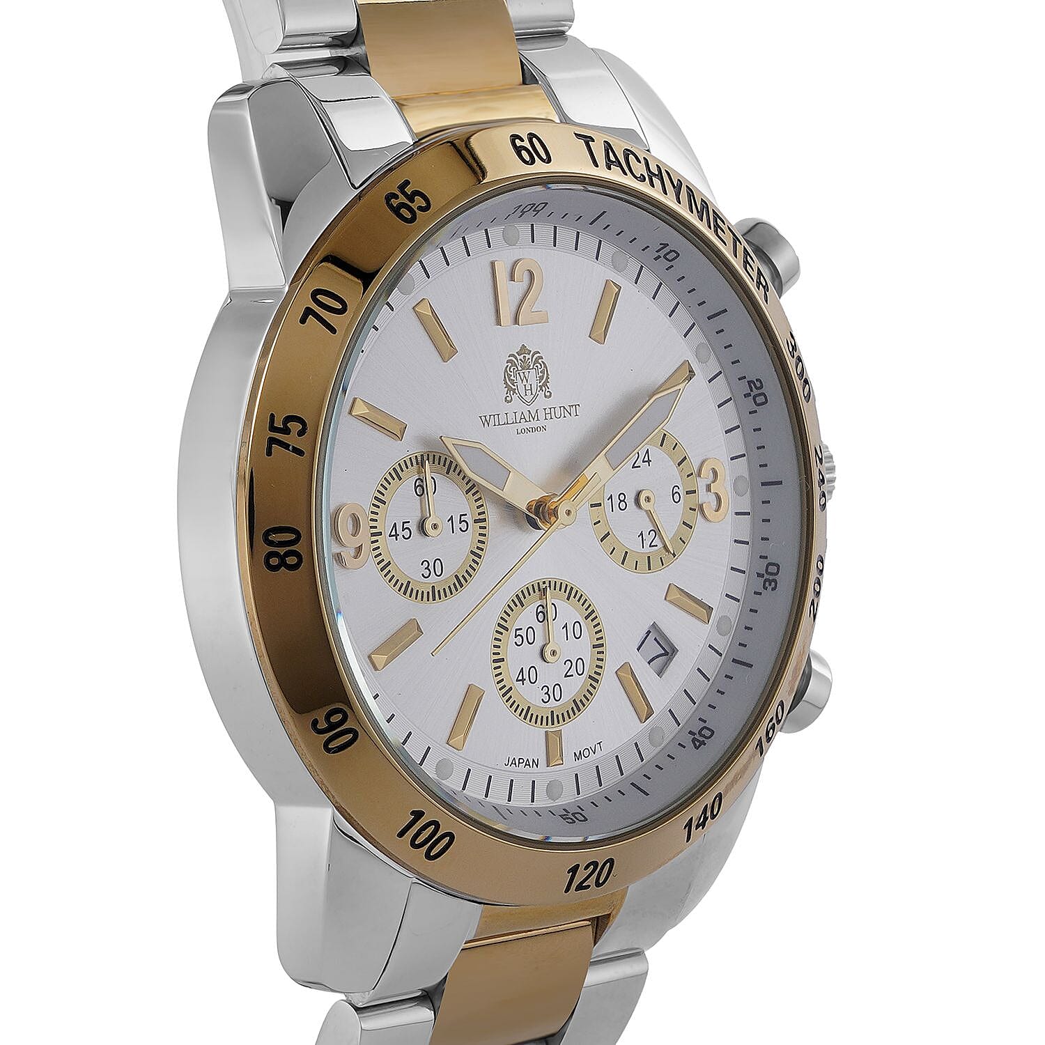William Hunt Designer Watch with fully functional Chronograph Water Resistant Silver Dial with Luminous Hour Markers and Watch Hands with Two Tone Metallic Strap