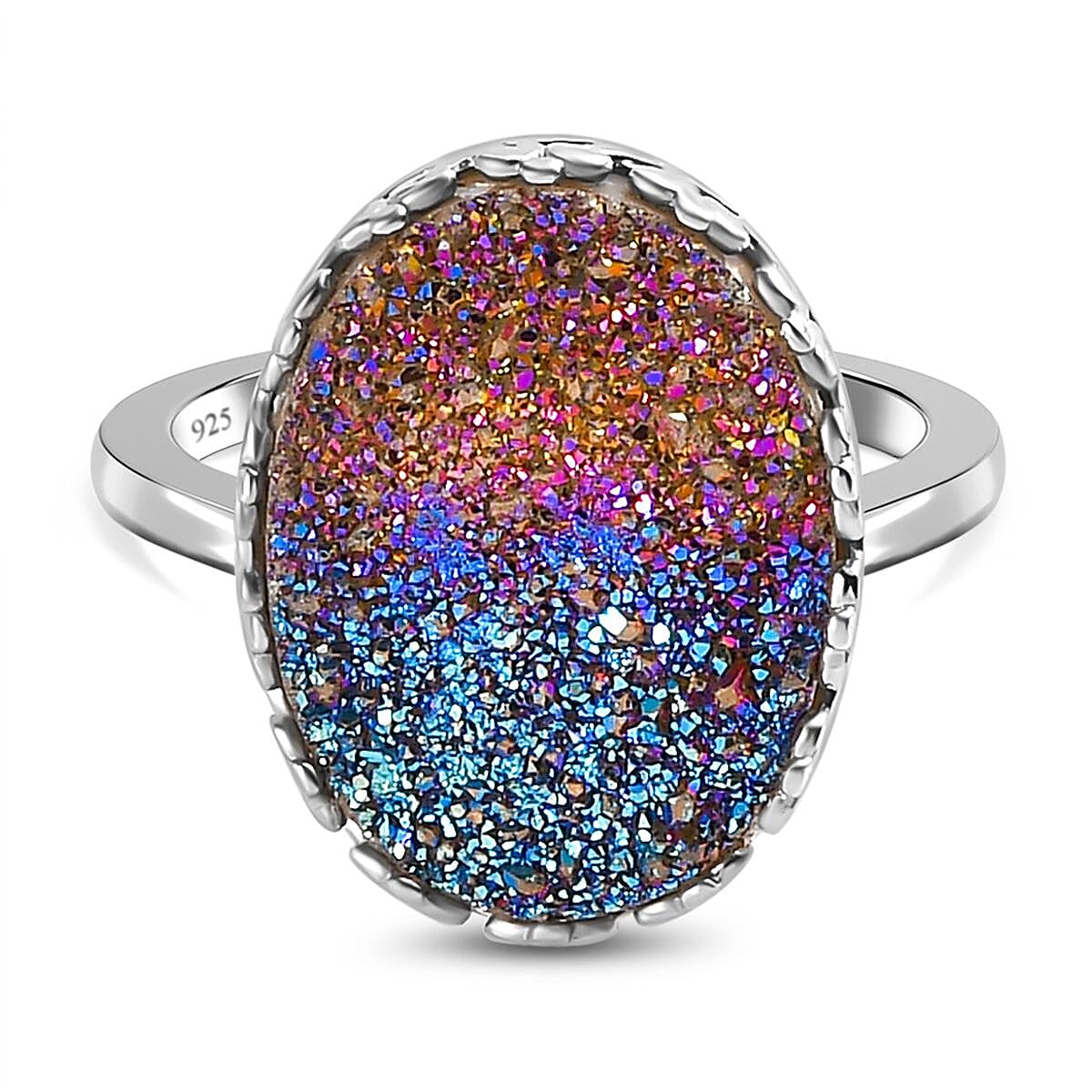Rainbow Drusy Quartz  Solitaire Ring in Platinum Overlay Sterling Silver 5.88 Ct.