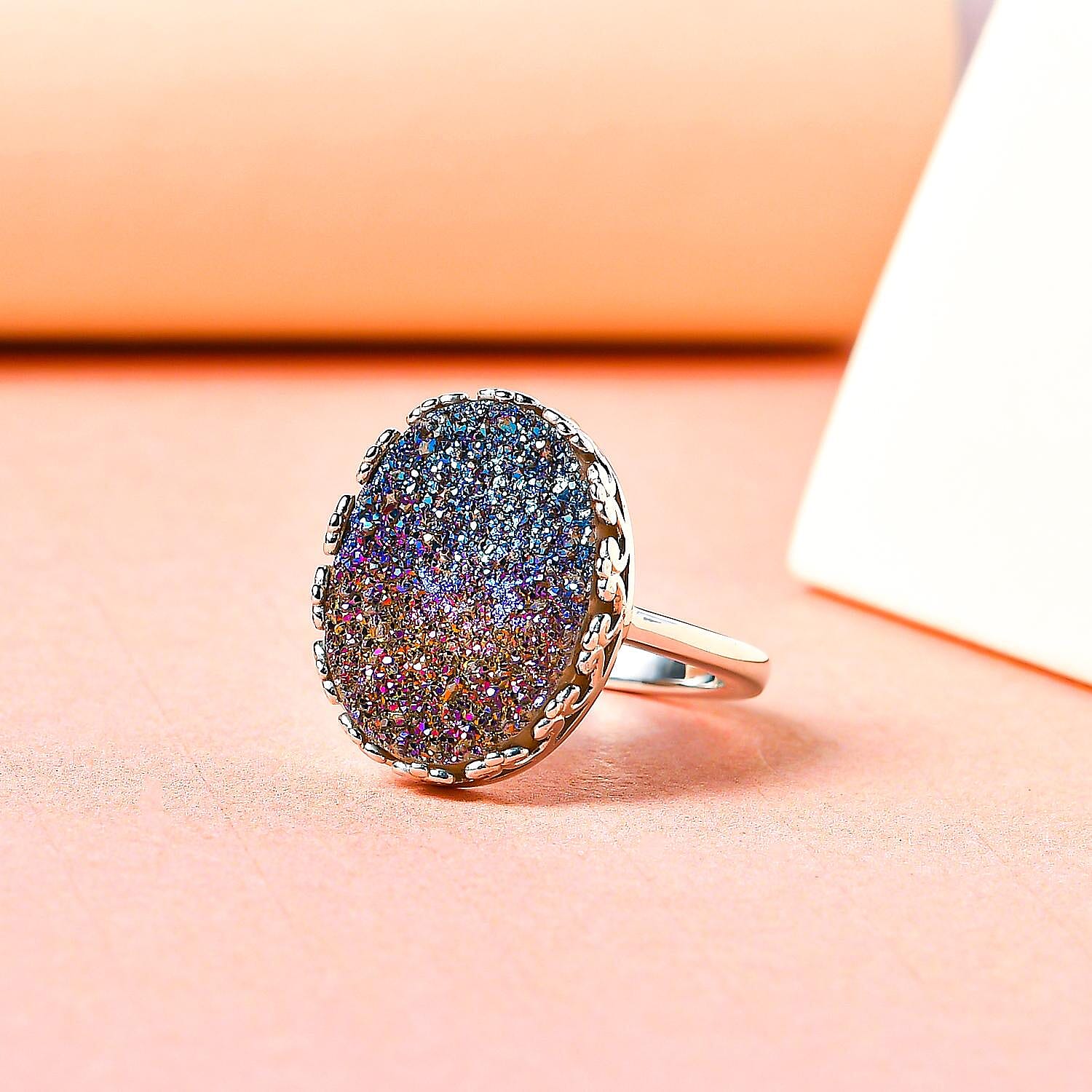 Rainbow Drusy Quartz  Solitaire Ring in Platinum Overlay Sterling Silver 5.88 Ct.