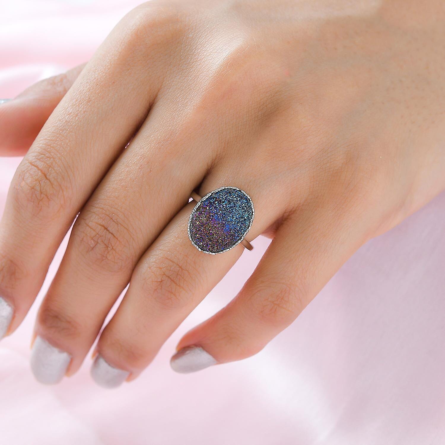 Rainbow Drusy Quartz  Solitaire Ring in Platinum Overlay Sterling Silver 5.88 Ct.