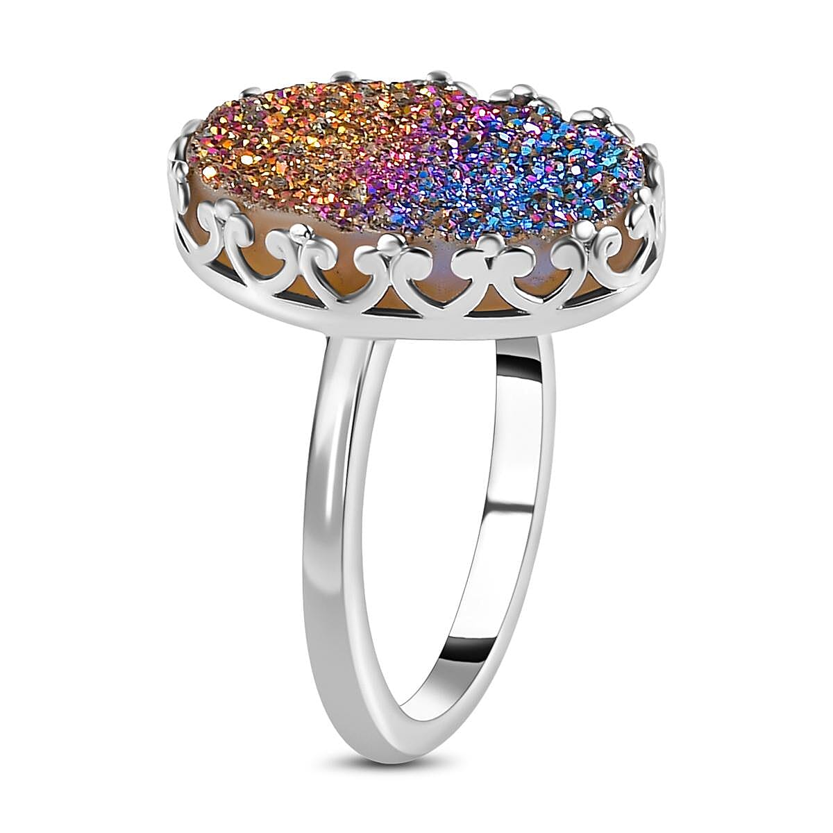Rainbow Drusy Quartz  Solitaire Ring in Platinum Overlay Sterling Silver 5.88 Ct.
