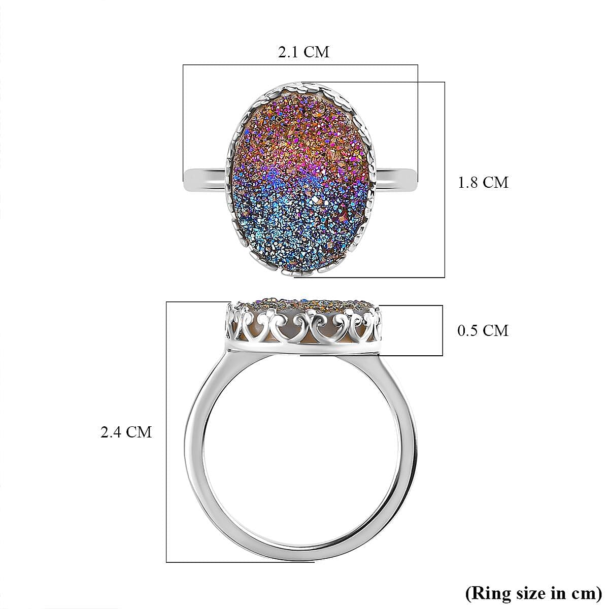 Rainbow Drusy Quartz  Solitaire Ring in Platinum Overlay Sterling Silver 5.88 Ct.
