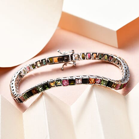 Multi-Tourmaline Bracelet (Size - 8) with GB Lock Box in Platinum Overlay Sterling Silver 9.46 Ct, Silver Wt. 11.53 Gms.