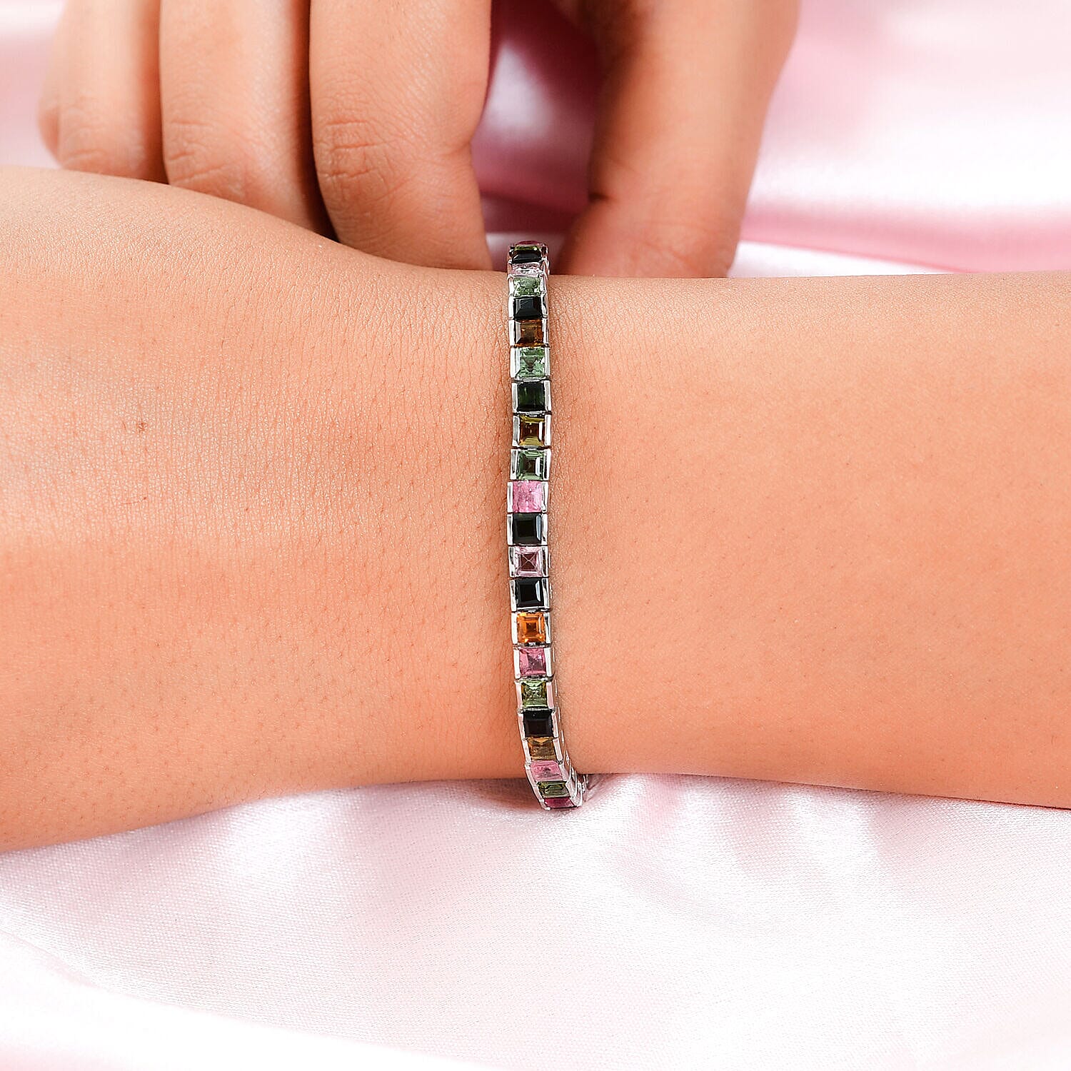 Multi-Tourmaline Bracelet (Size 7) in Platinum Overlay Sterling Silver 8.215 Ct, Silver Wt. 10.52 Gms