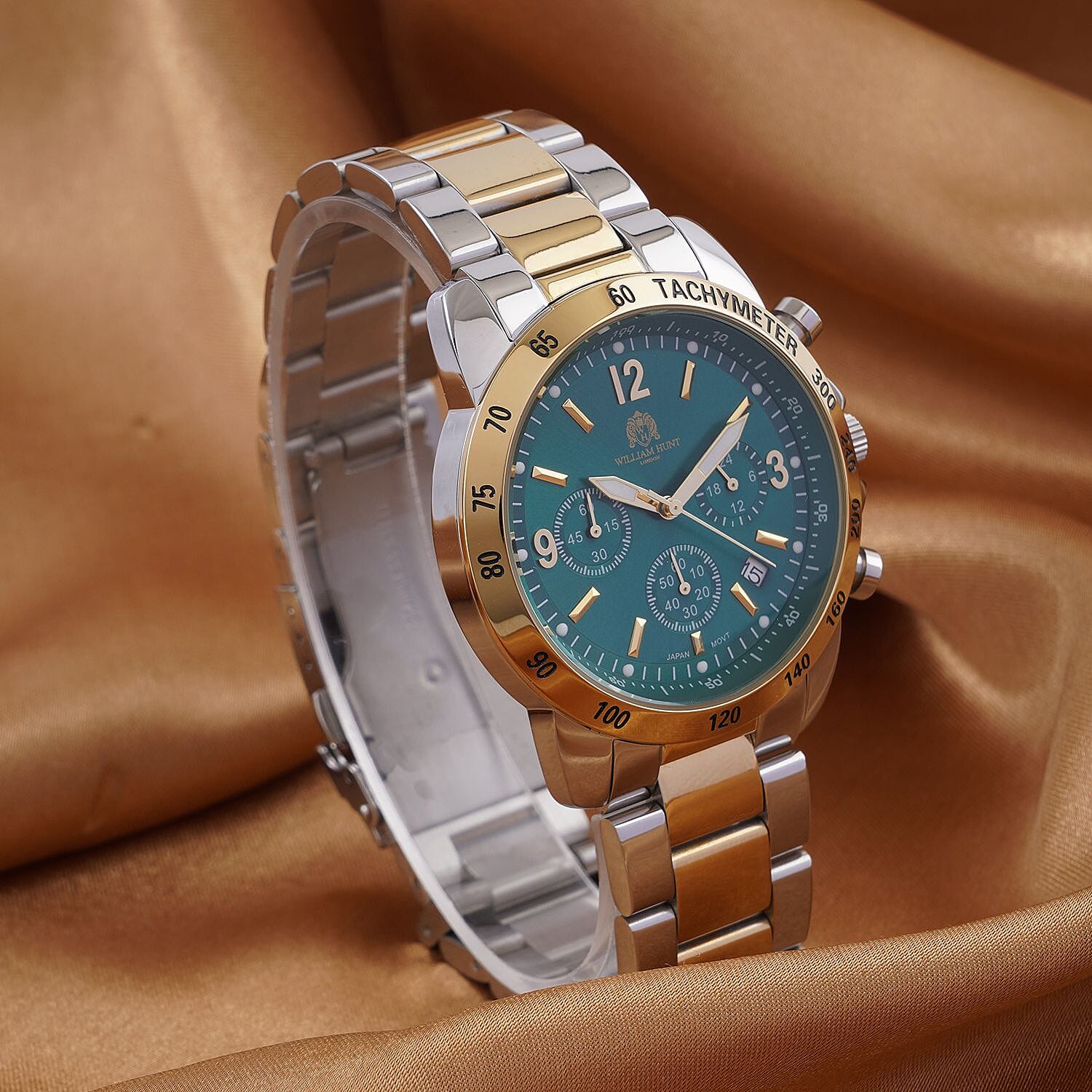 William Hunt Designer Watch with fully functional Chronograph  Water Resistant Green Dial with Luminous Hour Markers and watch hands with Two tone Metallic Strap