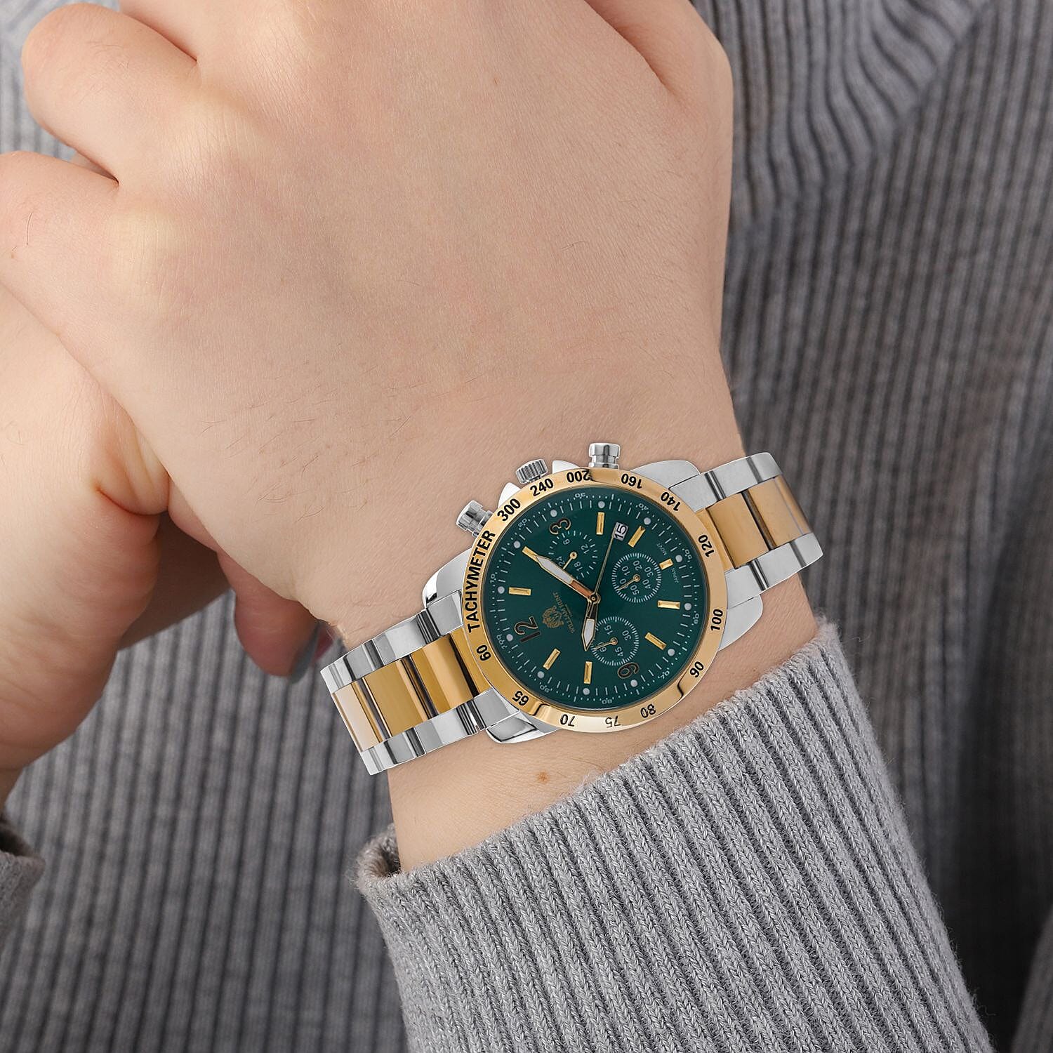 William Hunt Designer Watch with fully functional Chronograph  Water Resistant Green Dial with Luminous Hour Markers and watch hands with Two tone Metallic Strap