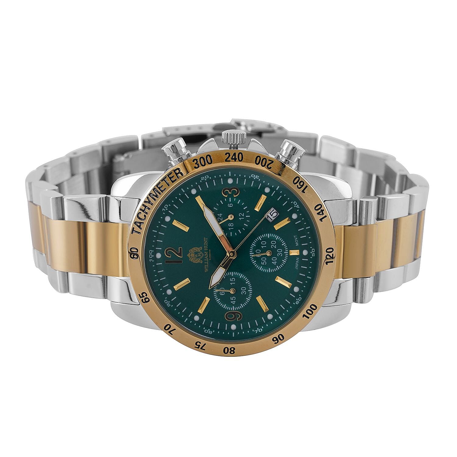 William Hunt Designer Watch with fully functional Chronograph  Water Resistant Green Dial with Luminous Hour Markers and watch hands with Two tone Metallic Strap