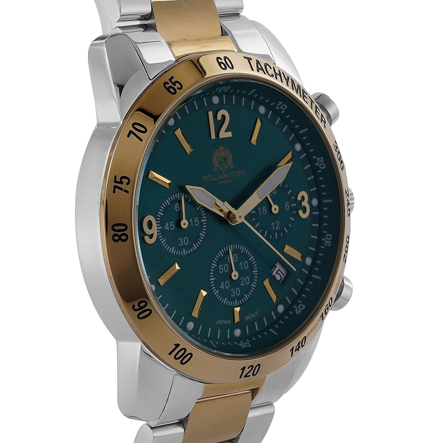 William Hunt Designer Watch with fully functional Chronograph  Water Resistant Green Dial with Luminous Hour Markers and watch hands with Two tone Metallic Strap