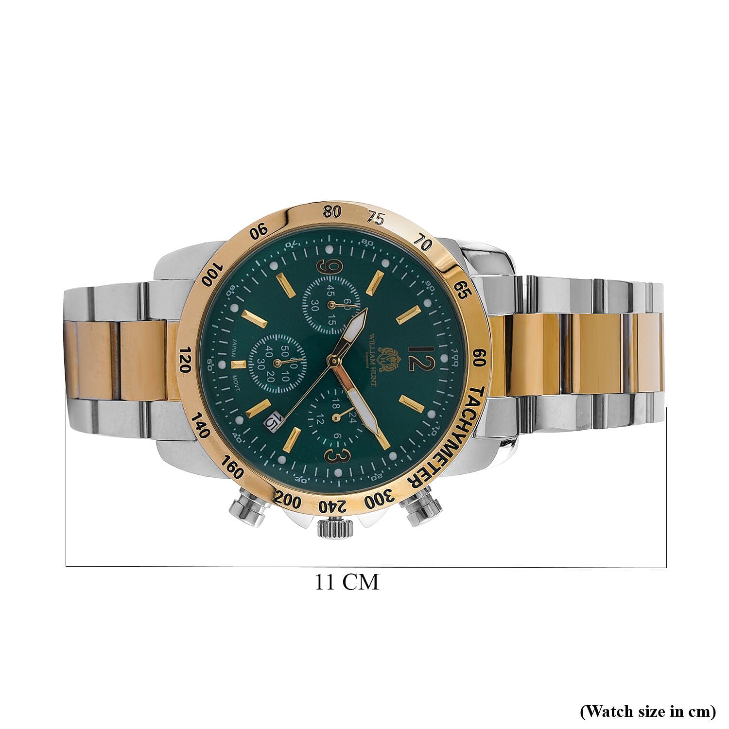 William Hunt Designer Watch with fully functional Chronograph  Water Resistant Green Dial with Luminous Hour Markers and watch hands with Two tone Metallic Strap